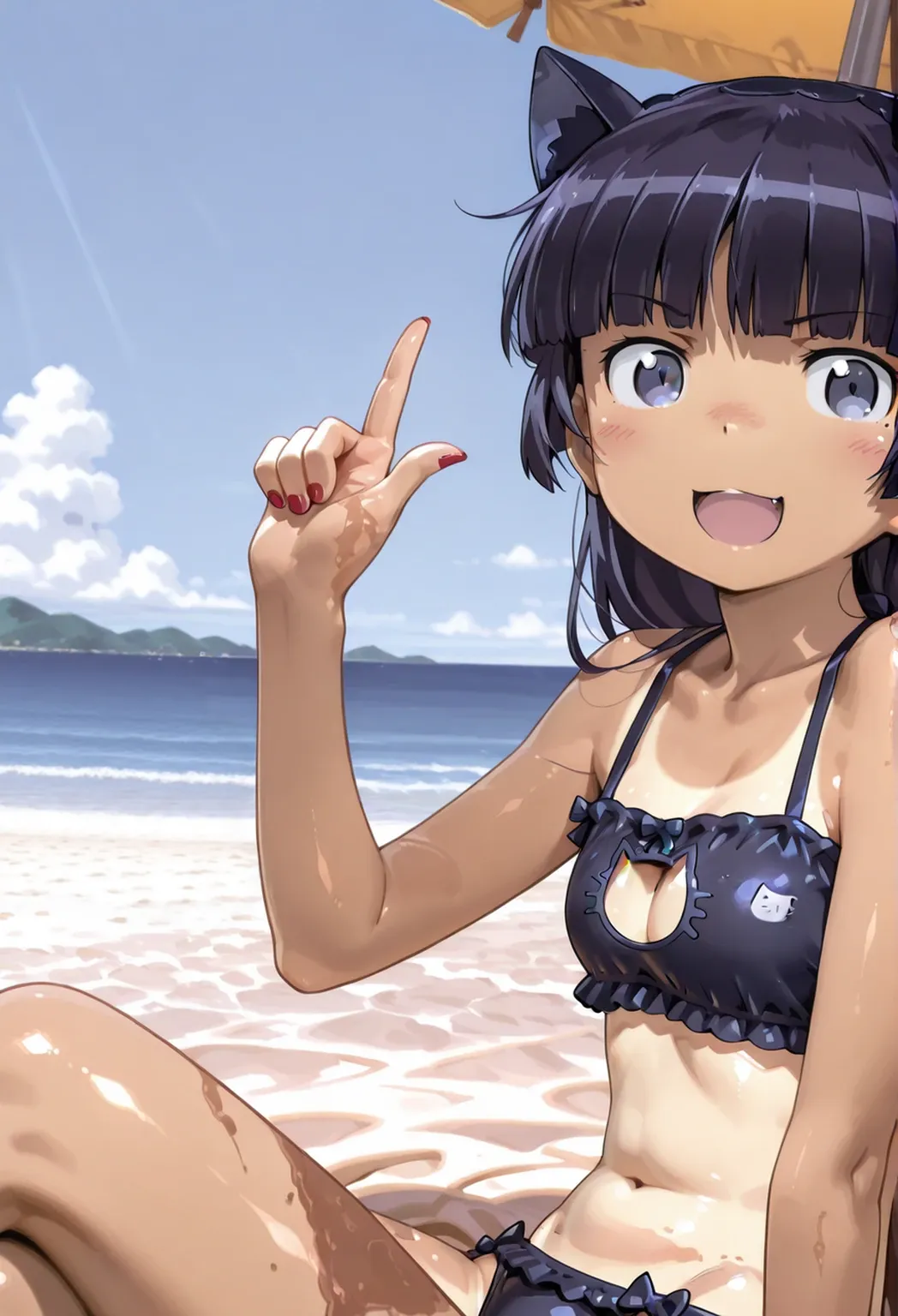 score_9, score_8_up, score_7_up, lhakatsuki, ponytail, flat chest, sucking [popsicle], tongue out, sexually suggestive, drooling on chest, blush, sweat, beach BREAK 5finger hand
