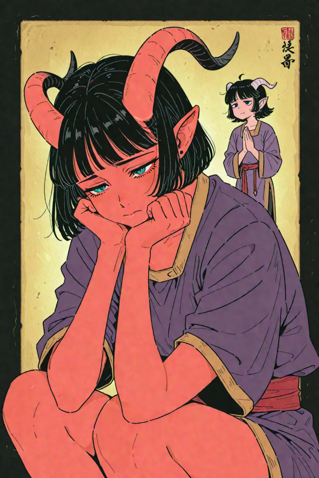 Latina teenage girl with red eyes, black dyied green hair, short and curly, wearing British , living in a cottage, tan body color, small, small breasts, slim. Anime style. 