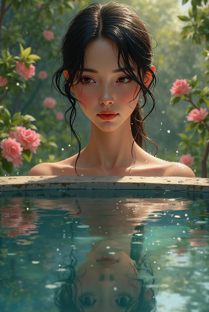 (masterpiece:1.3), (8k, Realistic, RAW Photos, highest quality: 1.4), Absurd, Charm, Ultra-high resolution, Ultra-realistic, Very detailed, Golden Ratio, (Realistic), (Best Shadow), Low contrast, (Complex:1.4), Side lighting, 8K, Beautiful Face, (Realistic Face), Beautiful hairstyle, Realistic eyes, Beautiful fine details, (Realistic Skin), Beautiful Skin, (One girl), ((Sasha Calle)), (Accurate hand and finger depiction), (Black Hair, Handsome Short:1.3), glamorous, (Eyes closed), (Smile), (Flushed), ((Soaking in a hot spring)), ((Completely naked, Wrapped in a bath towel)), ((I can't see my body in steam:1.1)), (cowboy shot), Close-up of face, ((Deep in the forest:1.2)), ((steam:1.5)), ((View from behind))