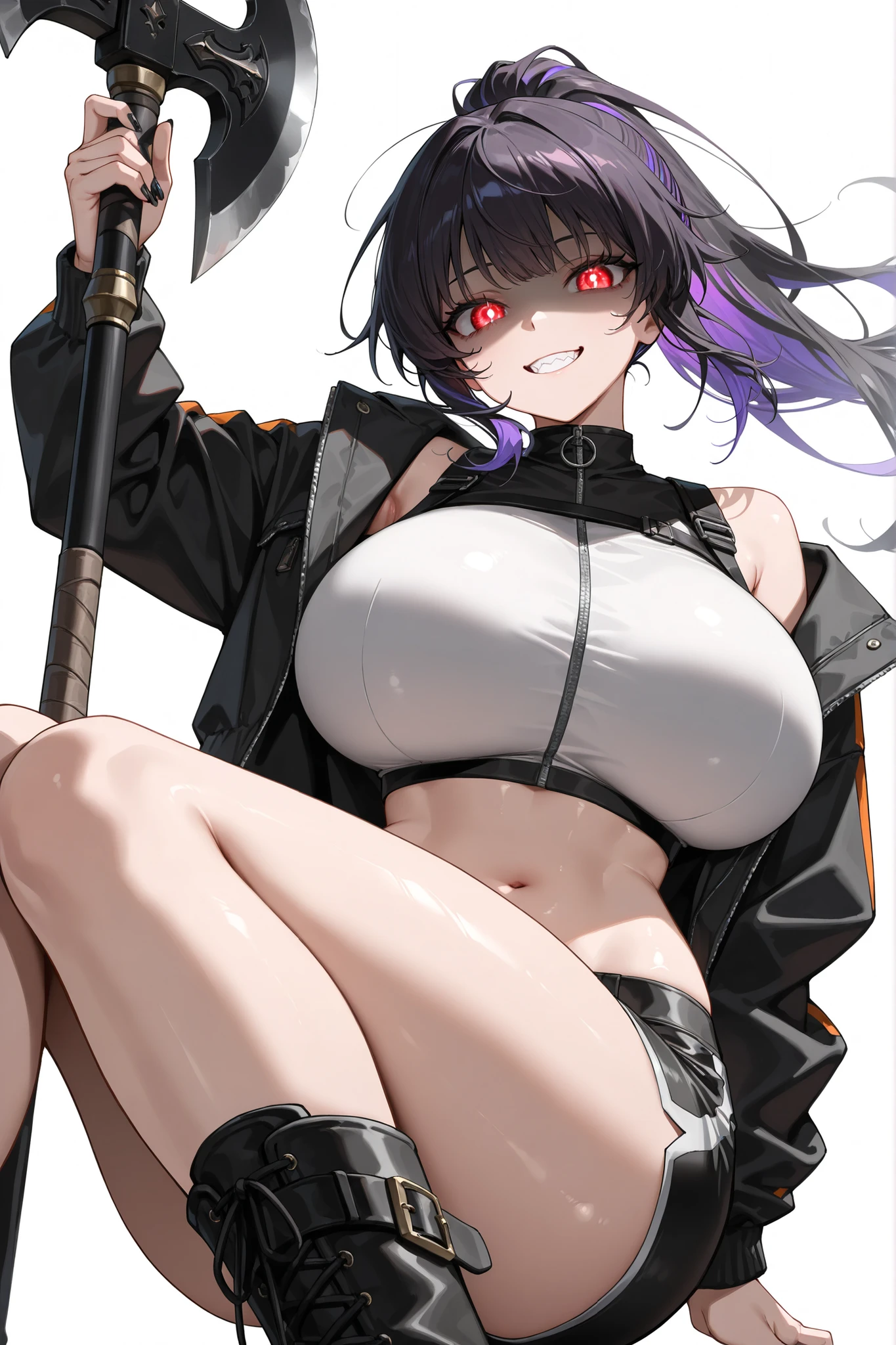 (milf,gigantic breasts, sagging breasts, mature female, ,thick thighs,) 1girl, BRSEXTRA, purple eyes, coat, collar, jacket, long hair, scar, shorts, black bikini top, star \(symbol\), swimsuit, twintails, uneven twintails