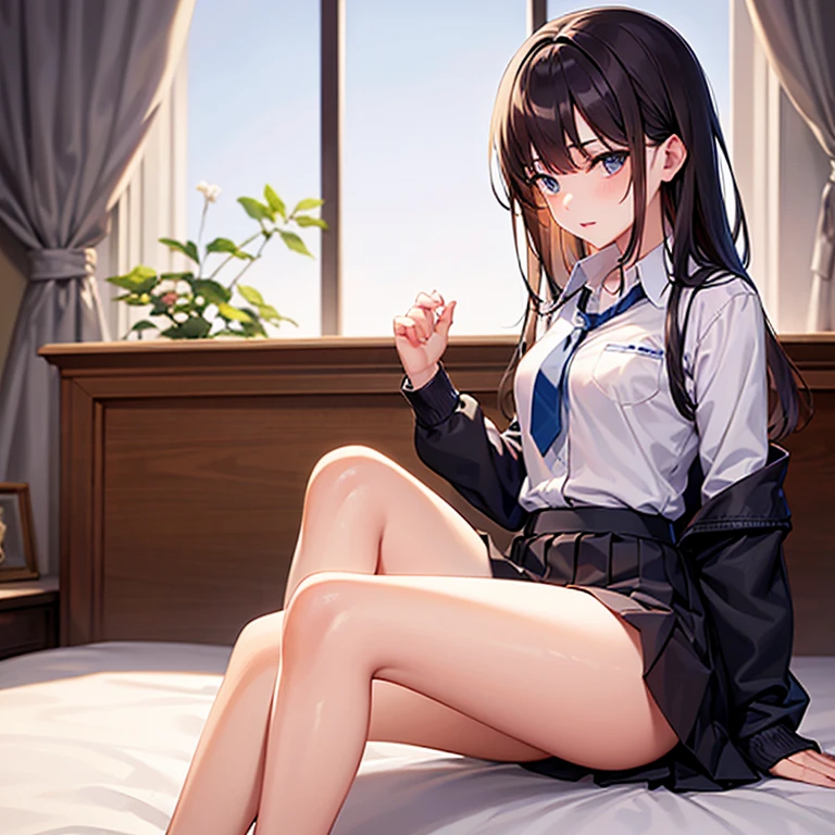 (A superb exquisite yukinoshitaYukino),(yukinoshitaYukino:1.5), (oregairuUniform:1.5), brown eyes, black hair, natural straight hair, straight bangs, solo, nature, extremely delicate, straight facial features, peerless beautiful girl, soft, (sensual face), ((ecchi face)), dreamy quality, exaggerated facial features, solid color, frank holly, delicate face, bright lips, slender waist, soft curves, real light and shadow, super fine, 4k, natural moving, Ultra high resolution, (masterpiece:1.2, best quality), (finely detailed beautiful eyes: 1.2), (beautiful detailed face), sexy semi-nude model, sexy pose, Ultra high definition white bra and panties, erect nipples,Medium chest, slender body, (bedroom),