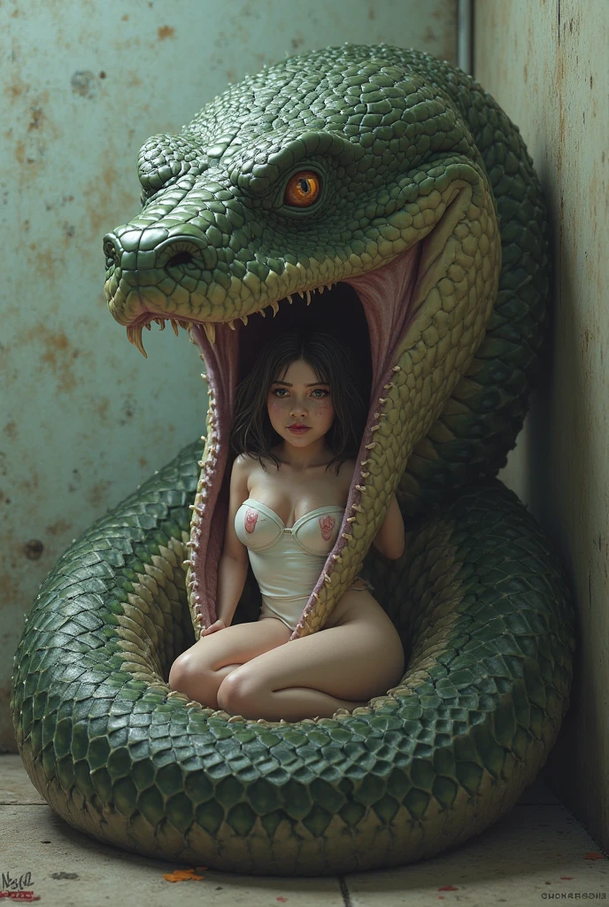 in 8K,{{Increase saturation:1.2、Highly colored}} top-quality, Real Image, Anatomically correct body、 Super Detail, 超A high resolution, Depth Field,(Photorealsitic,realisitic:1.2),masterpiece , { Inviting eyes, perfect glossy skin, flawless skin, Fair skin、Clean eyes、Rich facial expressions、Ecstatic face}、{{One woman was 18 years old、Pink Micro Bikini Panties、 Emphasis on crotch cleft:1.5, (Detailed)}}、Open your mouth slightly、brown haired、Princess Cut、Medium Hair, Align your bangs}, {{no brassiere:1.5、Colossal tits:1.5、teats、Luminescent areola、Soft、big breasts thin waist、Overhanging hips:1.2}}、{{fullllbody、sexypose:1.5}}, {{Looking up at a woman from below:1.5}}、{{Put head-to-toe on the screen:1.5}}、{{Lying in the classroom at night:1.2、One beautiful woman bathed in light:1.5、dynamicposes:1.2}}、The great snake opens its mouth、swimsuit shiny、Entanglement of brown pythons、Countless snakes wriggle in the classroom at night