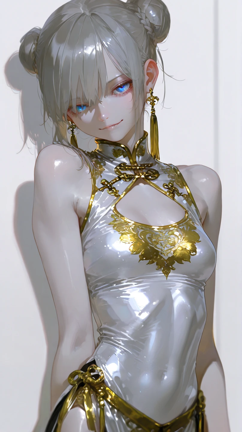 best quality, 32k, RAW photo, incredibly absurdres, extremely detailed, delicate texture, beautiful cute woman, glossy silver long bob cut, hair over one eye, amorous and lewd expression, rhythmic gymnastics uniform with gold embroidery on a white background, (slender, thin flat body line:1.2), background iridescent full moon