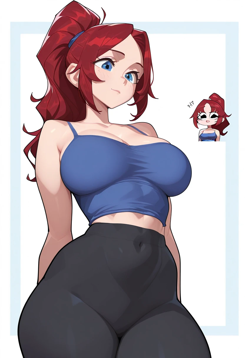 RanmaChan, cabello rojo, Cabello con trenza, ojos azules, ojos detallados, cuerpo completo, lindosexyrobutts, blusa negra apretada, top corto negro, ombligo descubierto, ropa pegada al cuerpo, Tanga sexy