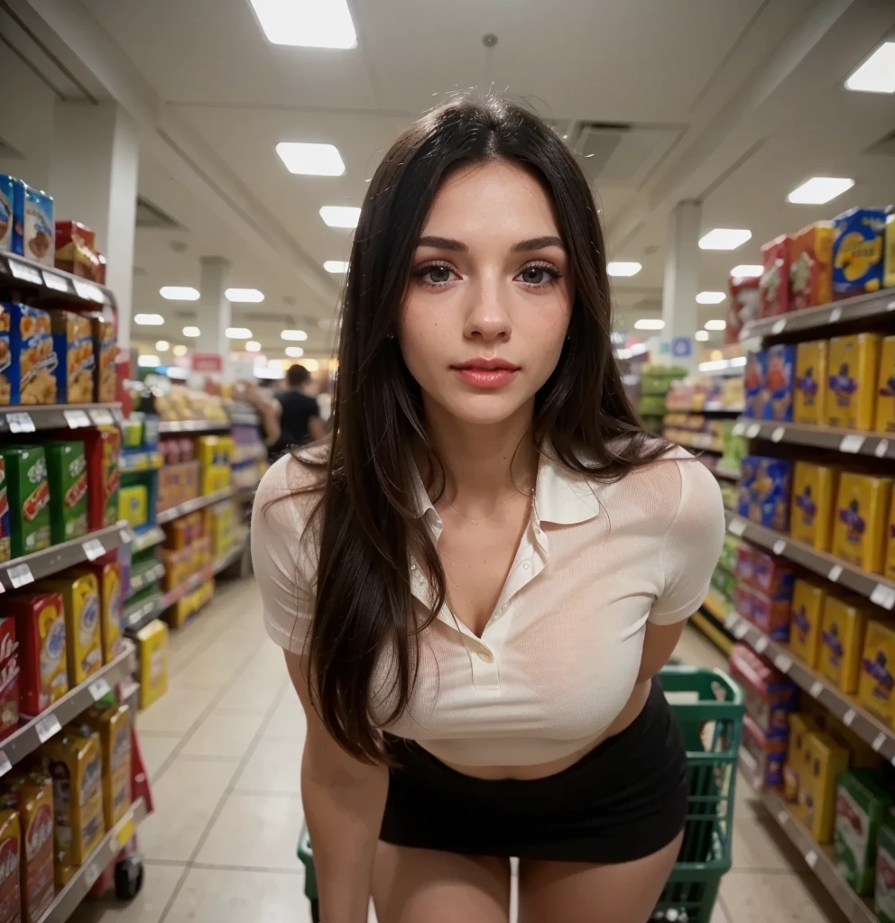 (beautiful 16 year old girl) ((bottomless)) Perfect beautiful face, (slender body) slender body, (black hair) (blue eyes) (white skin) beautiful body, western face, predatory eyes, pink pussy lips, thin hips, thin thighs, collarbone, ribs, happy expression, smile (16 years old), full body, (smooth pussy, shaved vagina) Western beauty, thin nose, (location: supermarket, crowd) (white t-shirt, short sleeves, bottomless ) people in the background
