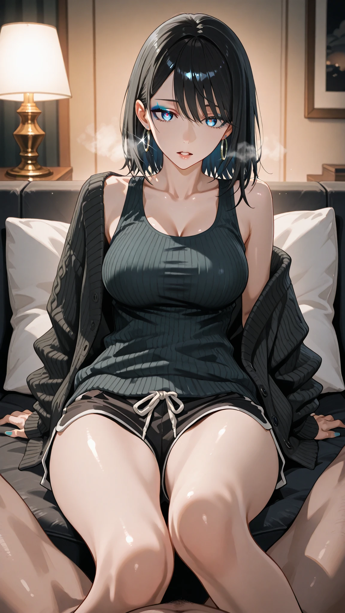 (hews art style:0.7), (asura art style:0.7), score_9, score_8_up, score_7_up, score_6_up, uncensored, Yor Briar, black hair, earrings, white hairband, hairband, long hair, sidelocks, red eyes, naughty face, shiny skin, sweating, steaming body, heavy breathing, BREAK (masterpiece:1.2), best quality, high resolution,(detailed eyes:1.3), perfect lighting,(perfect hands, perfect anatomy), large breasts, cropped hoodie, black bikini, long sleeves, sitting, armchair, spread legs, head rest, steaming body, wet, sweating, livingroom, modern decor,cozy atmosphere,relaxing vibes,urban backdrop,dreamy ambiance, excessive pubic hair peek, veiny breasts, sweating profusely,