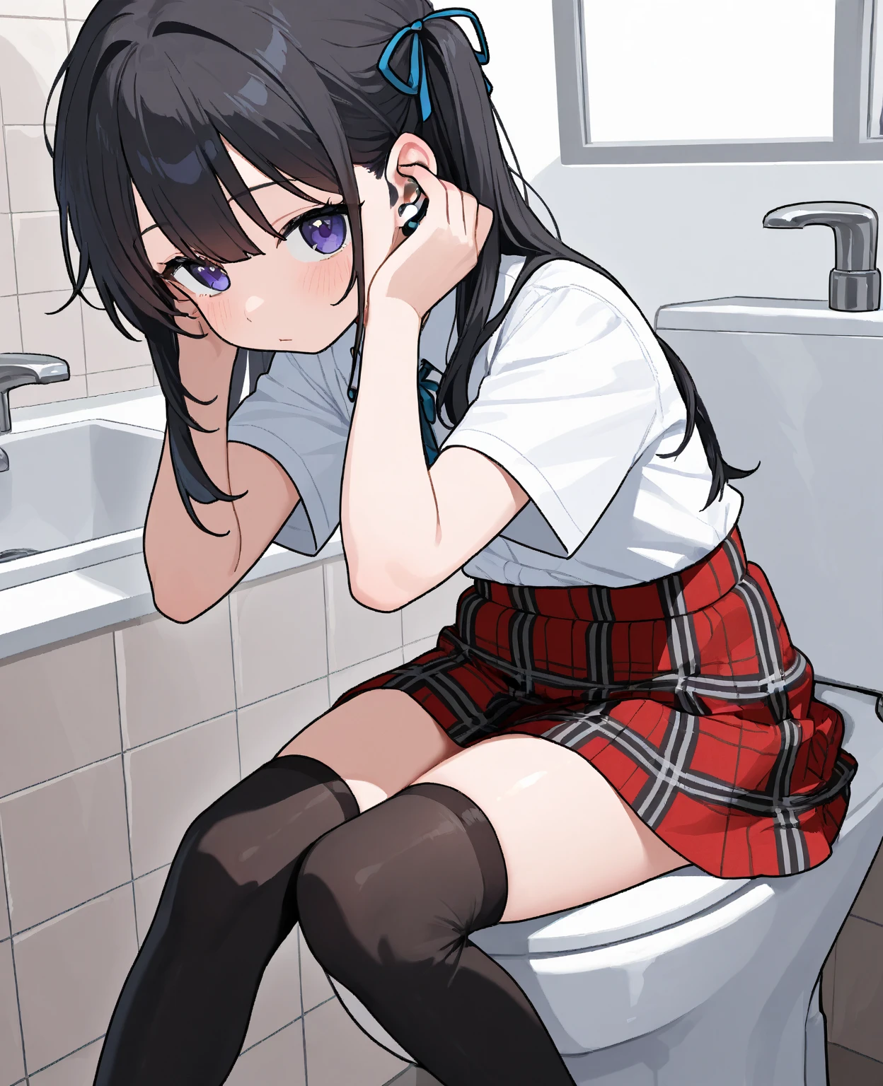 young female. She wear a white shirt and long red tie and a black skirt. She is sitting in a tiny bathroom. She is sitting in a black barber chair. She have long black hair