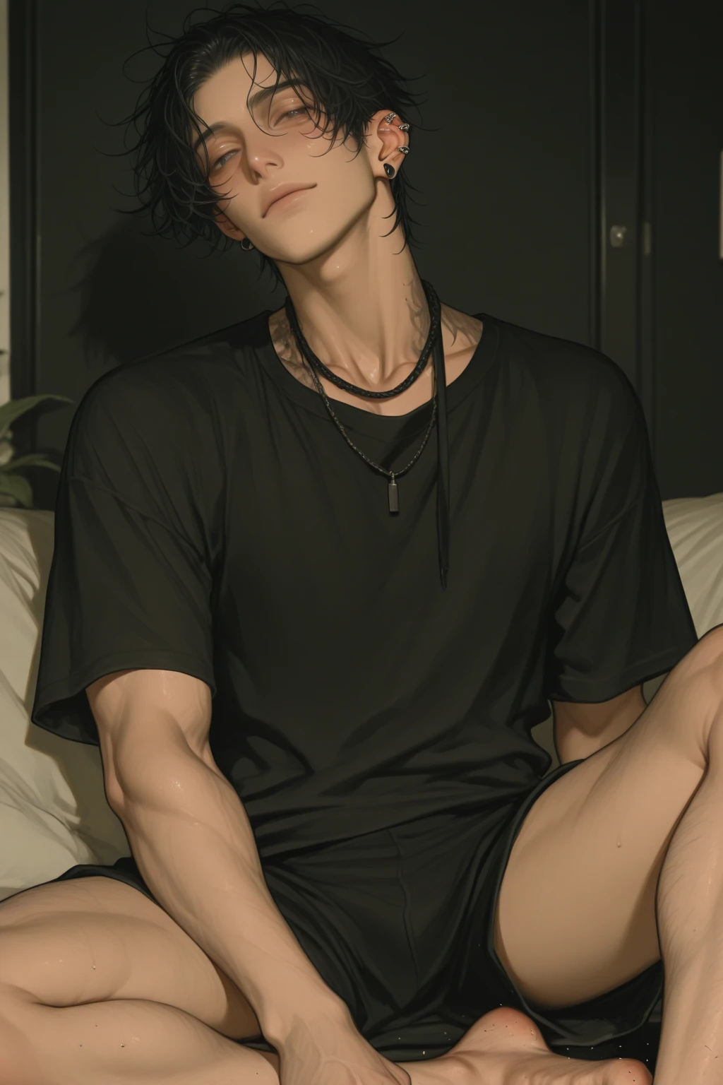 Arafed man taking a selfie in a black shirt, handsome japanese demon boy, cai xukun, camisa corta y abdominales fuertes, con abdominales, [ rigidly defined abs ]!!, skinny male fantasy alchemist, [ abull firmemente definido cuerpo extremadamente delgado, androgynous, pintar ulzzang, androgynous male
