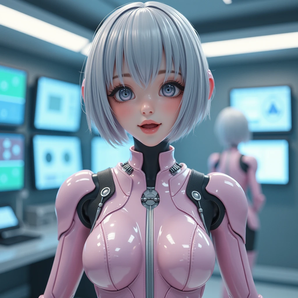 {((1woman))}, only she is {((wearing white mechanical suit with extremely tight and transparent black mechanical parts on her body)), she has ((extremely big breasts)), only she has ((very pink hair short, green eyes)), ((erotic pose)), only she is smiling and staring at the viewer, ((in a spaceship near the sun, window, teleport, robots in the background, equipment, machines on the walls))}, ((full body):1.5), 16k, best quality, best resolution, best sharpness