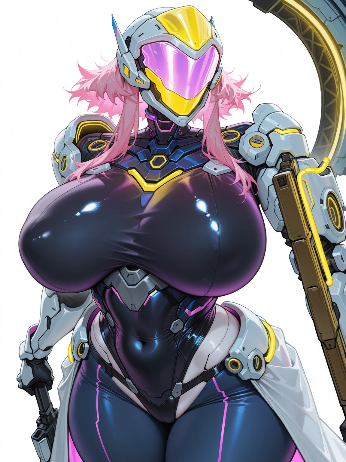 an anime drawing of sexy girl in black and orange gear, female armor, arm outstretched with elbow joint pointing up, 1girl, breasts, gloves, solo, large breasts, looking at viewer, smile, black gloves, long hair, silver hair, purple skin, yelow eyes