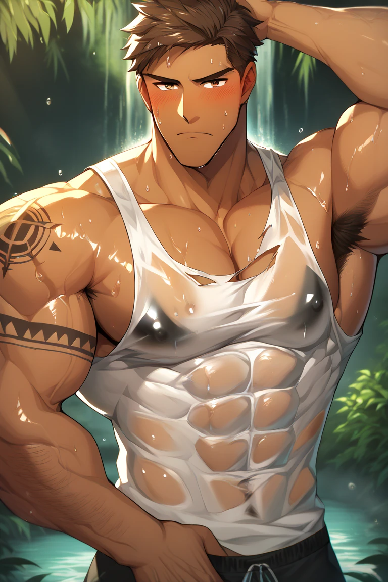 Male tribe, ((male, boy, male, male only, 1man, male sex)), ((((18 years old)))), muscular male, ((male muscle)), male male, male male, male chest, handsome face, ((grey hair, short hair, very short pointed hair, grey hair with blue bleached hair, inner hair)))), ((grey eyes :1.3))), Complex eyes, beautiful detailed eyes, symmetrical eyes, big eyes :1.5, ((Black skin, dark skin, shiny skin :1.5), tanned skin, bright skin :1.5, tanned skin, shiny skin, very shiny body)), ((Exaggerated muscles, exaggerated shoulders, very muscular and huge)), ((muscular, hairy body, muscular man, tall man, big toe, abs, big thighs, wide shoulders, open chest)), ((detailed face and eyes), ((trimmed)), (square chin)(nsfw), ((((bare chest, bare torso)))), (barefoot,), (bump of pants)),), ((Tattoo and mark :1.5)), ((Tattoo and mark :1.5)), ((topless, topless,), wearing casual shorts :1.3, baggy shorts)), ((ripped clothes, wet clothes, complicated clothes)), dynamic pose, looking at the audience, (serious, piercing eyes), middle, proportion to fit size, rule of three, ((tattered utility room)), winter, landscape :1.25, ((complex landscape), (messy background)), dirty rags everywhere, (tattered utility room background, tattered utility room), extreme landscape, (color spots everywhere), light blue yarn, modern style, run-down room, (sunrise, light blue moment), (No glossy fabric decorations), high resolution, sharp focus, (Super detailed, very detailed), (Realistic artwork :1.37), (very detailed CG unified 8k wallpaper), ((Bright colors, vibrant theme)), (Complex), (Masterpiece), (best quality), Art Photography, (DSLR photography), (Complex background), Perfectly rendered face, perfect face detail, realistic face, photo-realistic, ((intricate detail)), ((realistic)), ((Exaggerated muscles, exaggerated shoulders, very muscular and huge)), ((muscular, hairy body, muscular man, tall man, big toe, abs, big thighs, wide shoulders, open chest)),((Hands droop naturally))