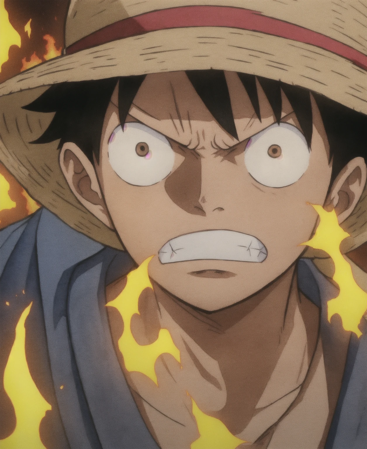 8k, no watermark, six characters (Ace, Luffy, Naruto, Jiraya) richly detailed, incredibly immersive and atmospheric environment, sad, mournful and nostalgic tone, rain, crying, bluish and flaming environment, blue sky, bluish background, rain, thunder, foggy environment.