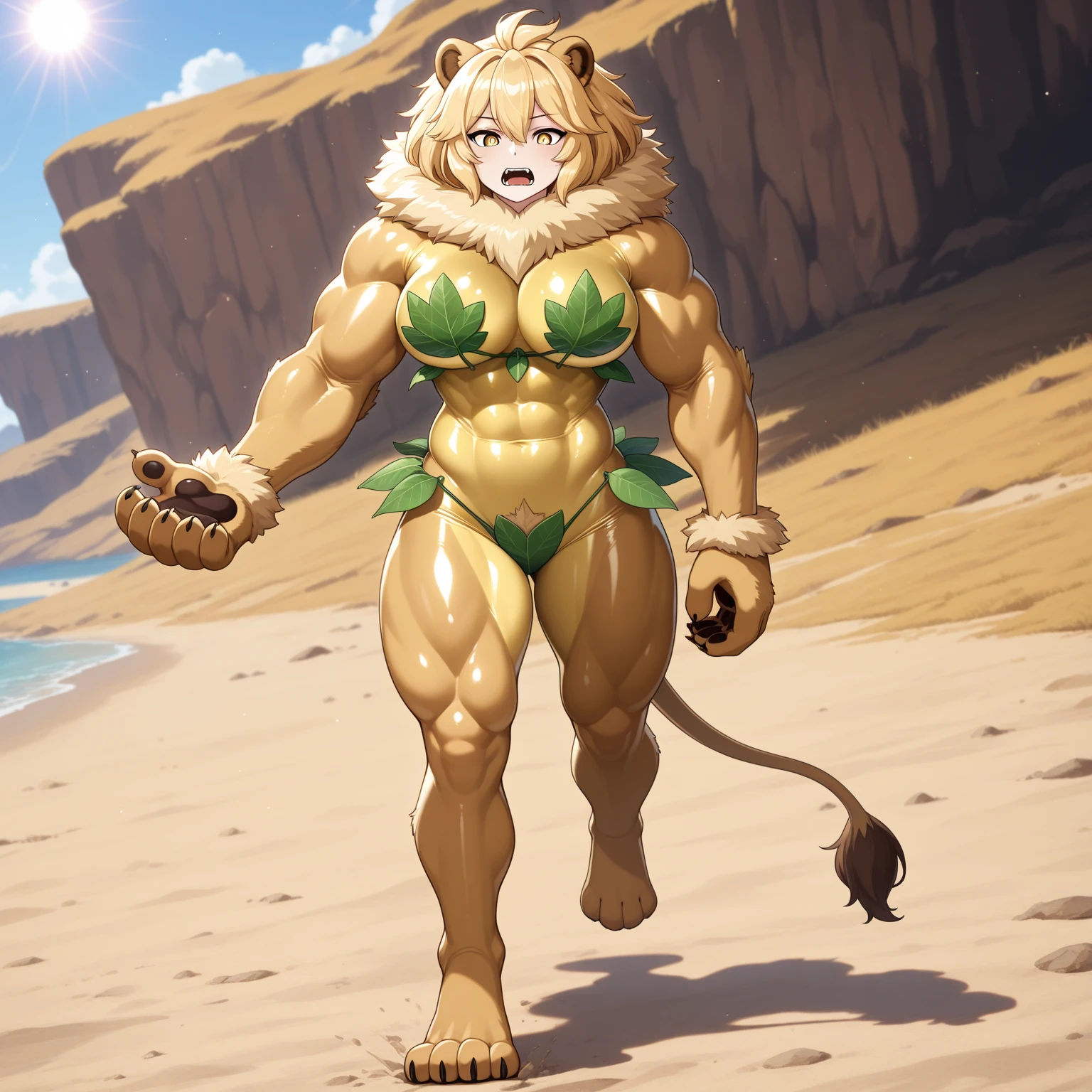 muscular girl, huge chest, long hair, tomboy, , walk.full body, blond hair, dark skinned, red eyes, leopard cloths, sauvage, amazone,barbarian, , revealing cloths, fantasy, tribal clothing, forest, hammer holding, pose, wings, full body feet, angel wings, leopard cloths, sharpteeth,there is a cartoon picture of a woman with a very large angel wings, glowing angelic being, glowing holy aura, inspired by Luma Rouge, the non-binary deity of spring, ethereal rainbow nimbus, the butterfly goddess of fire, inspired by Marie Angel, glowing aura around her, astral fairy, as the goddess of the sun, “uwu the prismatic person, big breast, happy, beautiful eyes,, happy, pose, crazy smile, sharpteeth, refsheet,