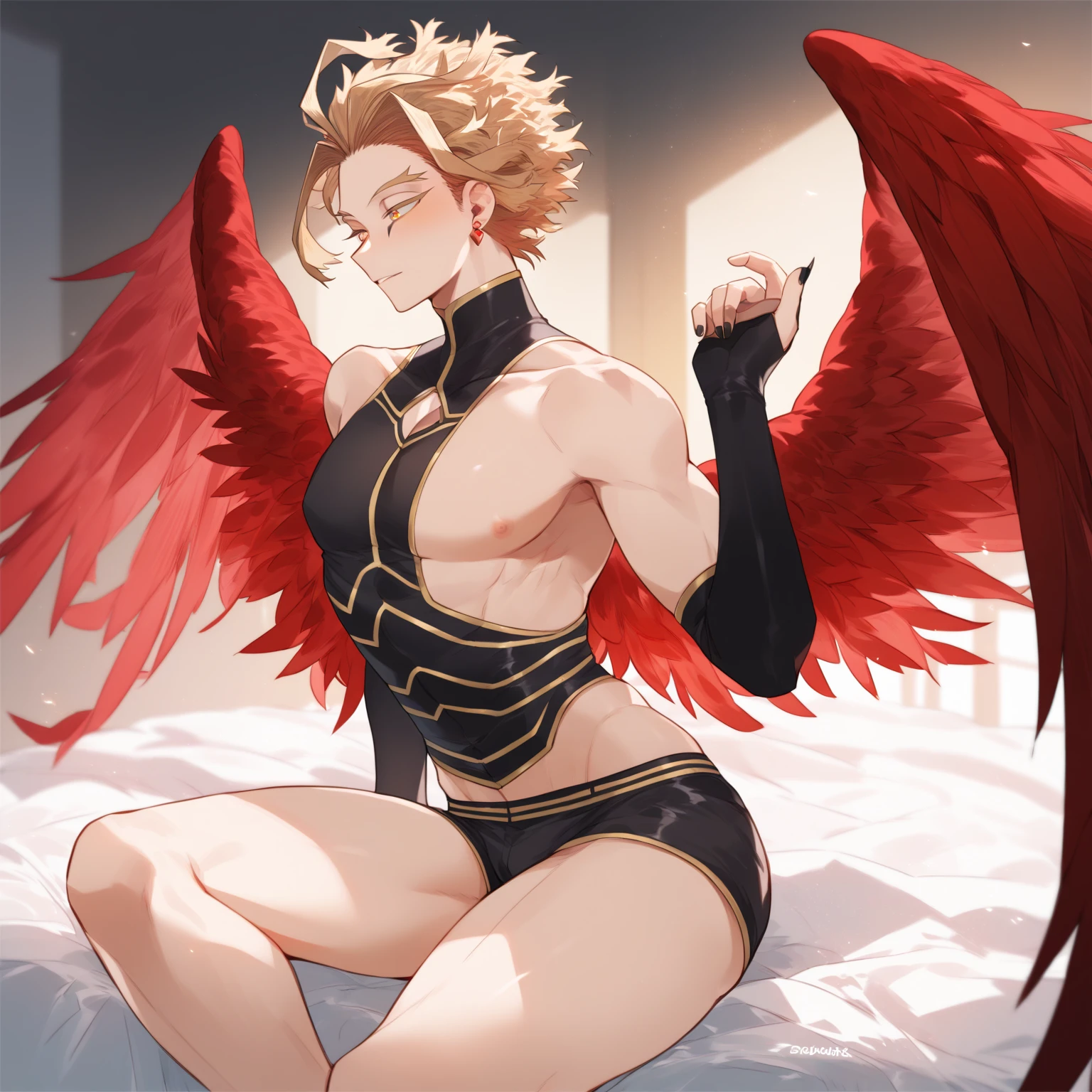 [1], Alone, chico submissive delicate, gay blonde, slicked back hair with two front strands, gold eyes, red bird wings on its back, small red bird tail , fine ranges, delicate, submissive, curves in the thighs, small waist, delicate hands, Clothes: black necklace, black sleeveless shirt collar long thigh length, white panties, long white stockings above the knees, apariencia submissive, scenery: room, lying on top of a futon, with the tongue out obscene lascivious expression, big windows, Cherry blossoms, Hawks, Boku no hero academia