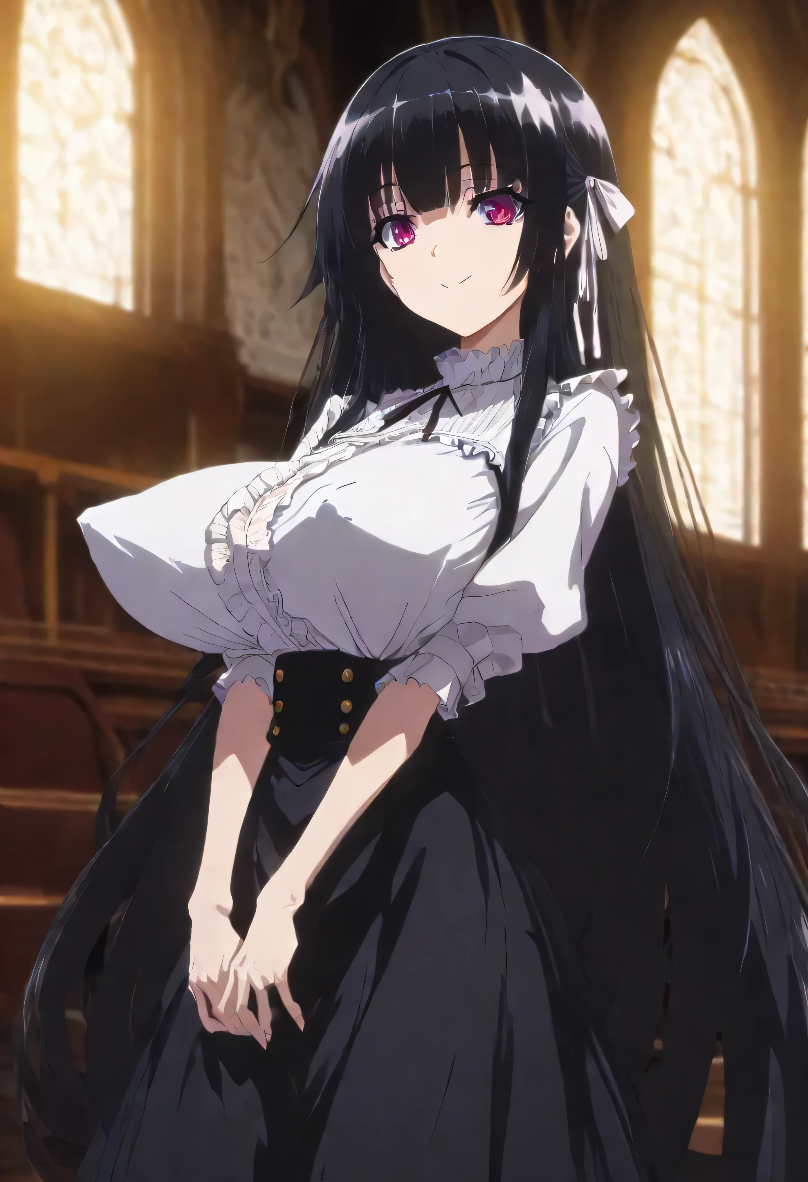 score_9, haku,loli haku, masterpiece, best quality, huge filesize, depth of field, exquisite picture, advanced light effect, newest, highres, detailed face, (detailed eyes), (high definition eyes), (large eyes), dim lighting, Cinematic Lighting, solo, a skinny small girl standing in church, very skinny, (V arms), arched back, looking at viewer, smile, frilled white blouse, black very long high-waist skirt, black long straight hair, (huge pointy breasts:1.1), narrow waist, pointy nipples covered by blouse