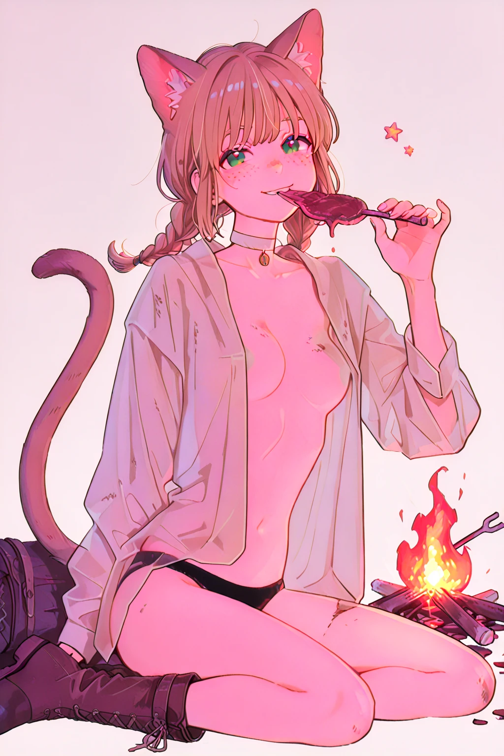 Duo, Score_9, score_8_up, score_7_up, , 1girl, 1boy, kemono style, Anthro, Melina from Elden ring, Anthro furry cat girl, cat snout, pink cat nose, :3, pink fur, furry pink cat girl, cat ears, short wavy hair, one eye closed, markings on closed eye, naked. tall and skinny, blowjob, sucking on a faceless human males cock, side view, they are on the floor, near a campfire, nighttime, outdoors, she’s lying down, feet up, human male is lying down, human male is cropped out