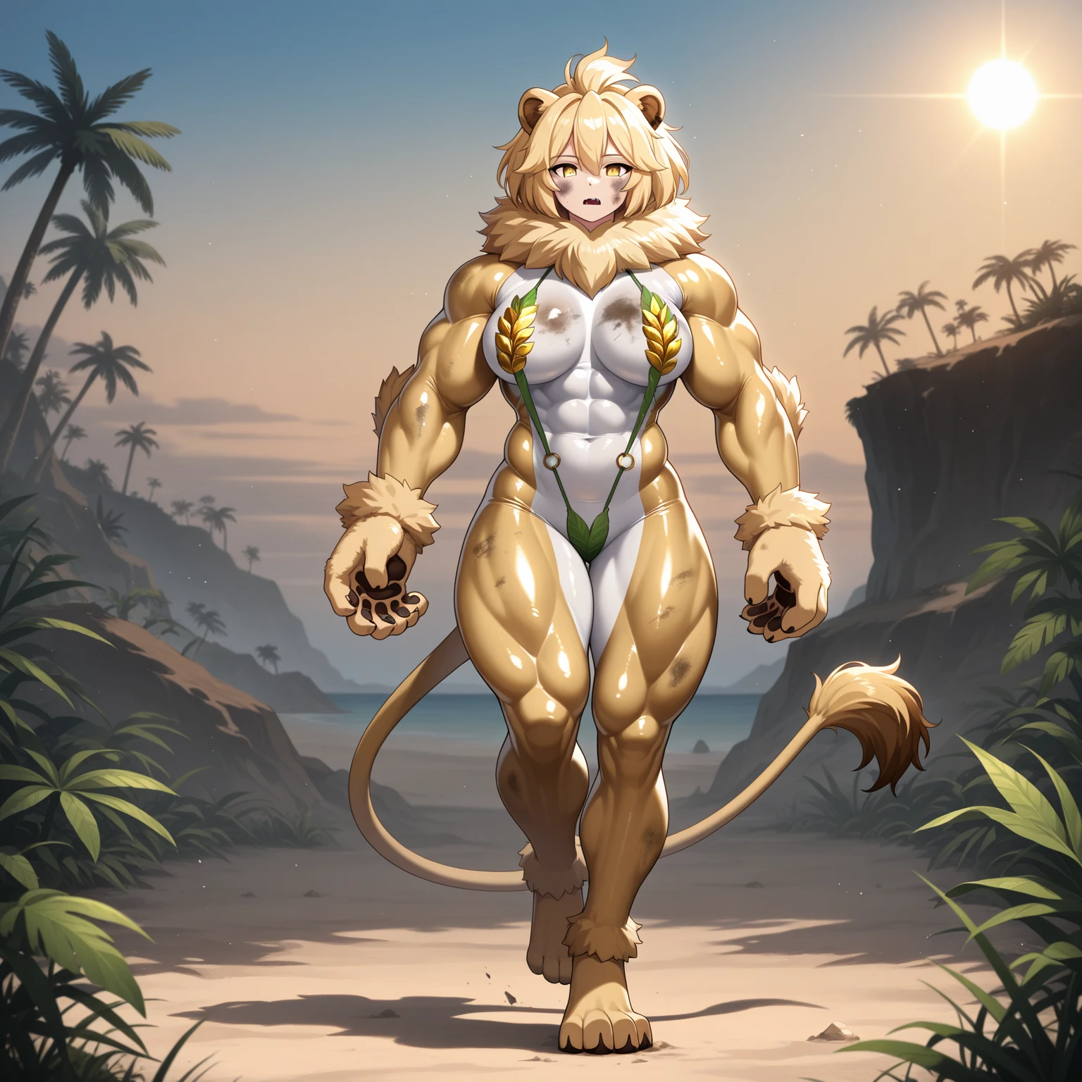 Masterpiece, best quality, 8k, cinematic lighting, hyper-realistic, Portrait, woman transformed into female leopard, blond curly hair, furry, fluffy fur, muscular female, detailed eyes, Detailed mouth, smile, sharp nails, long stern tail1.5, small breasts1.5, (bikini, gold scale), standing on the water, narrow waterfall