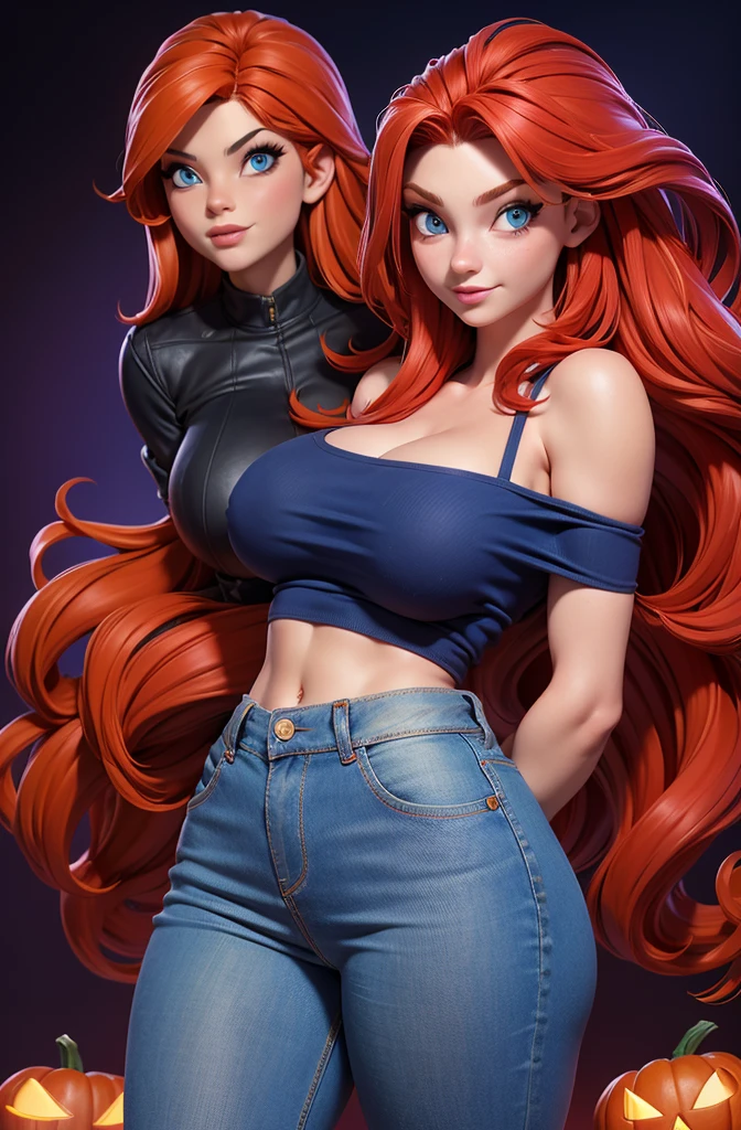 best quality, (masterpiece),(ultra-detailed), (high quality), (high resolution), (2heads:1.5) blonde hair, red hair (larger breasts), cleavage, best quality:1.5, highres, UHD, 4K), smiling, ((purple t shirt)), ((brown long jeans)), wearing heeled boots, (detailed glowing blue eyes), (mature woman), casual dress, sexy proportions, (exposed midriff), thighs, Beautiful girl with accentuated slender abs, eyeshadow
