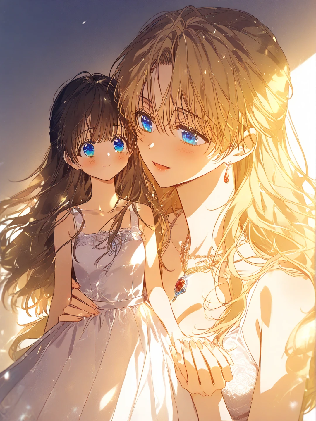 3/4 view, holding hands, cute, cinematic, high contrast, Beautiful and atmospheric, high contrast shadows and lighting, size difference, age difference, (masterpiece, best quality:1.2), atmospheric details, yuri, lesbian, (duo focus), (depth of field:1.2), absurdres, highres, soft lighting, soft shadows, beautiful manhwa modern background, {1girl, blonde milf, ,  milf, messy bangs, jewel blue eyes, dominant and , white sundress}, {1girl, brunette little girl,  shy submissive brunette, sweet little girl, long straight brown hair little girl, blunt bangs, blue jewel eyes, youthful face, young little girl, innocent brunette, flat small , cute white sundress, smiling softly}