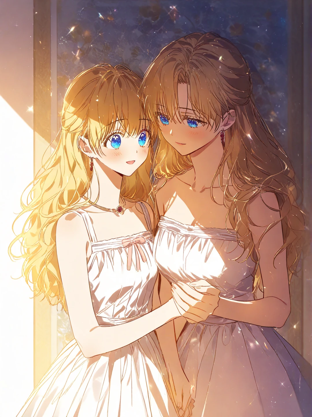 3/4 view, holding hands, cute, cinematic, high contrast, Beautiful and atmospheric, high contrast shadows and lighting, size difference, age difference, (masterpiece, best quality:1.2), atmospheric details, yuri, lesbian, (duo focus), (depth of field:1.2), absurdres, highres, soft lighting, soft shadows, beautiful manhwa modern background, {1girl, blonde milf, ,  milf, messy bangs, jewel blue eyes, dominant and , white sundress}, {1girl, brunette little girl,  shy submissive brunette, sweet little girl, long straight brown hair little girl, blunt bangs, blue jewel eyes, youthful face, young little girl, innocent brunette, flat small , cute white sundress, smiling softly}