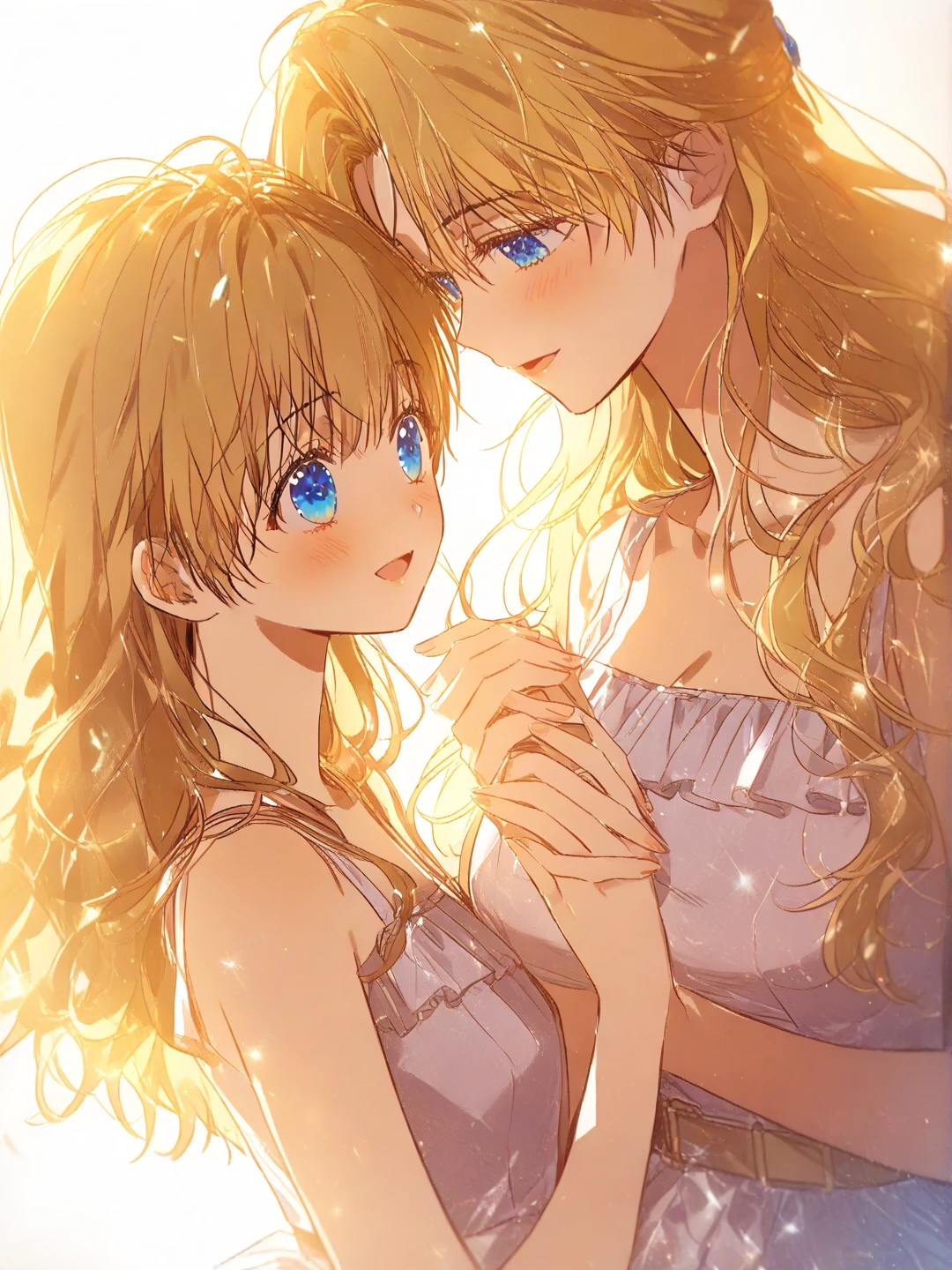 3/4 view, holding hands, cute, cinematic, high contrast, Beautiful and atmospheric, high contrast shadows and lighting, size difference, age difference, (masterpiece, best quality:1.2), atmospheric details, yuri, lesbian, (duo focus), (depth of field:1.2), absurdres, highres, soft lighting, soft shadows, beautiful manhwa modern background, {1girl, blonde milf, ,  milf, messy bangs, jewel blue eyes, dominant and , white sundress}, {1girl, brunette little girl,  shy submissive brunette, sweet little girl, long straight brown hair little girl, blunt bangs, blue jewel eyes, youthful face, young little girl, innocent brunette, flat small , cute white sundress, smiling softly}