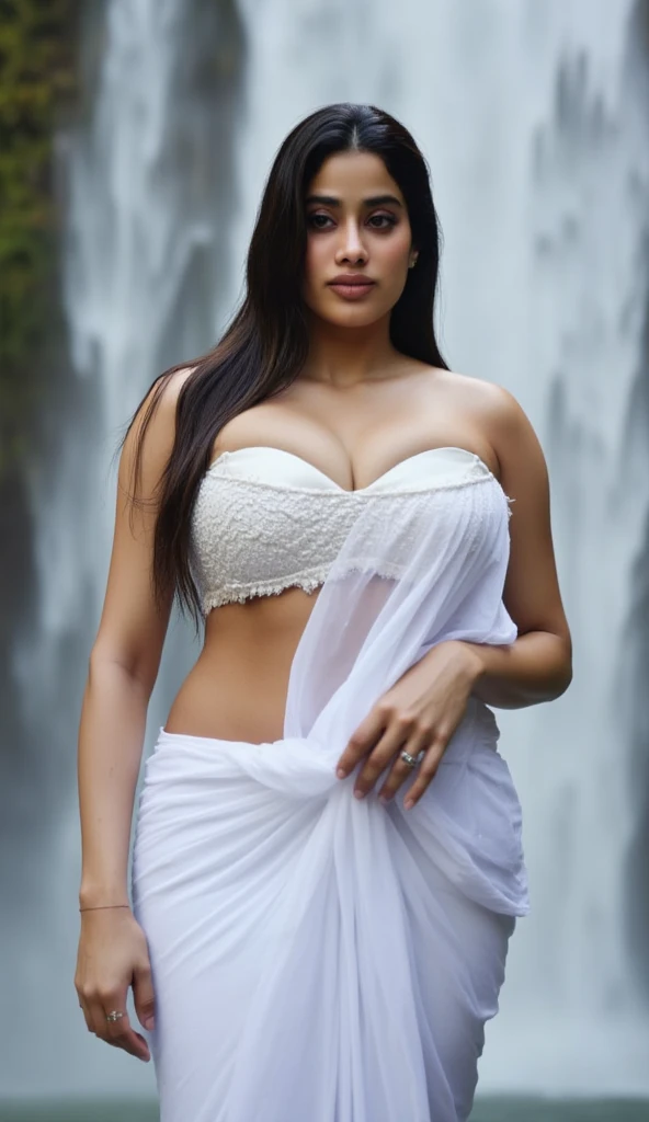 Beautiful indian woman, lifting blouse and show under boob,portrait, wearing white transparent blouse, detailed face, cute, big eyes, iconic, photorealistic, village hut, balcony, detailed background, big breasts, minimal clothing, wet body, long braid hair, , symmetric face, masterpiece, 8k, ultra realistic