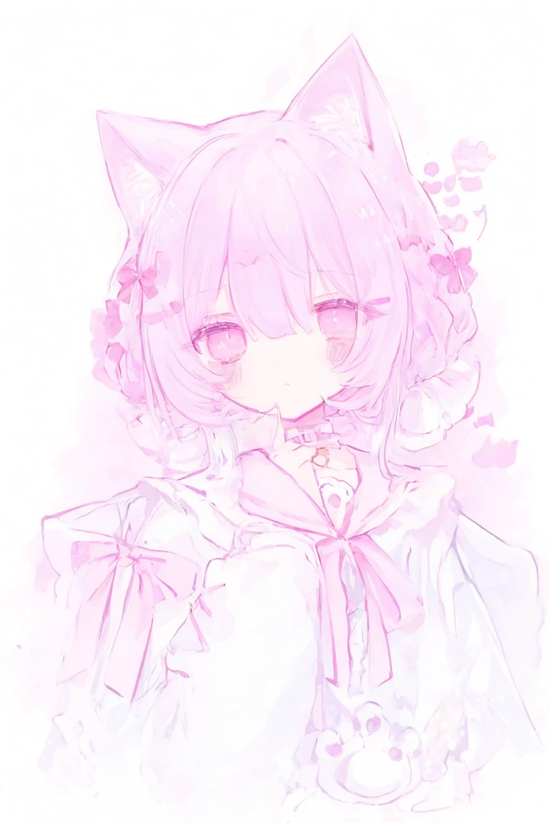 IMVU, pink hair, pink heart eyes, white round glasses, pale skin, white and pink cow ears, white horns with pink bows, fuzzy white jacket with pink spots, pink cowbell choker, kawaii, soft, high quality, masterpiece, 8k