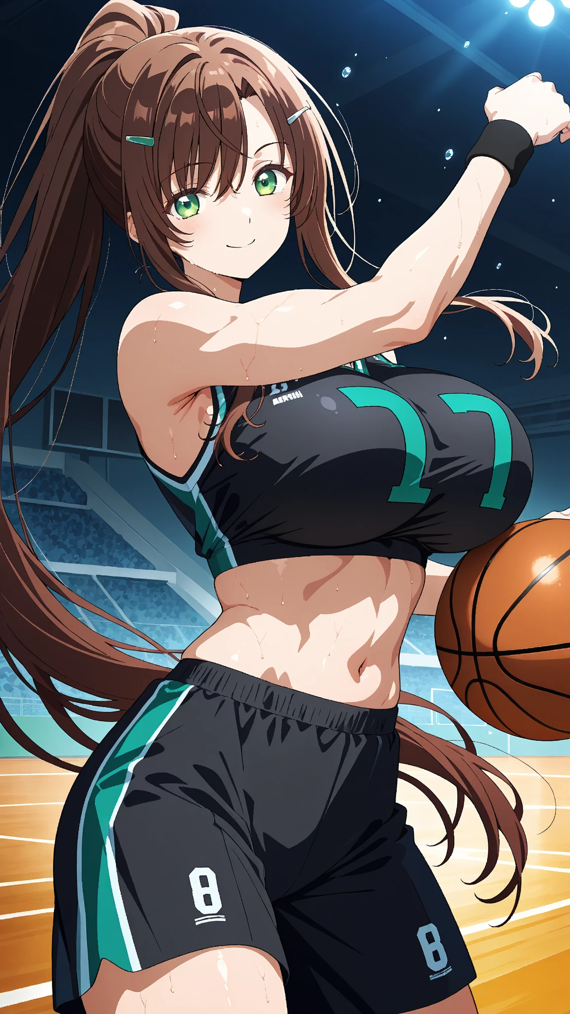 masterpiece, Highest quality, Pixiv, Cool girl, The best sports girl, basketball, Popular characters, Baseball cap, Stylish sunglasses, Cute bra and panties, Dark brown hair, Curly Hair, Blunt bangs, Straight bangs, Colored contact lenses eyes, Gal, Improve、Heavy Large 、