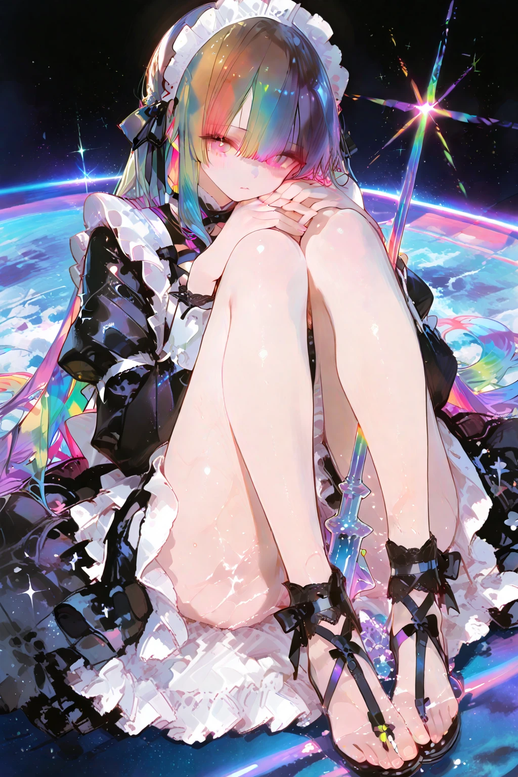 Absurd resolution, high resolution, (masterpiece: 1.4), super detailed, girl alone, from above, space, floating, blonde, petite, short hair