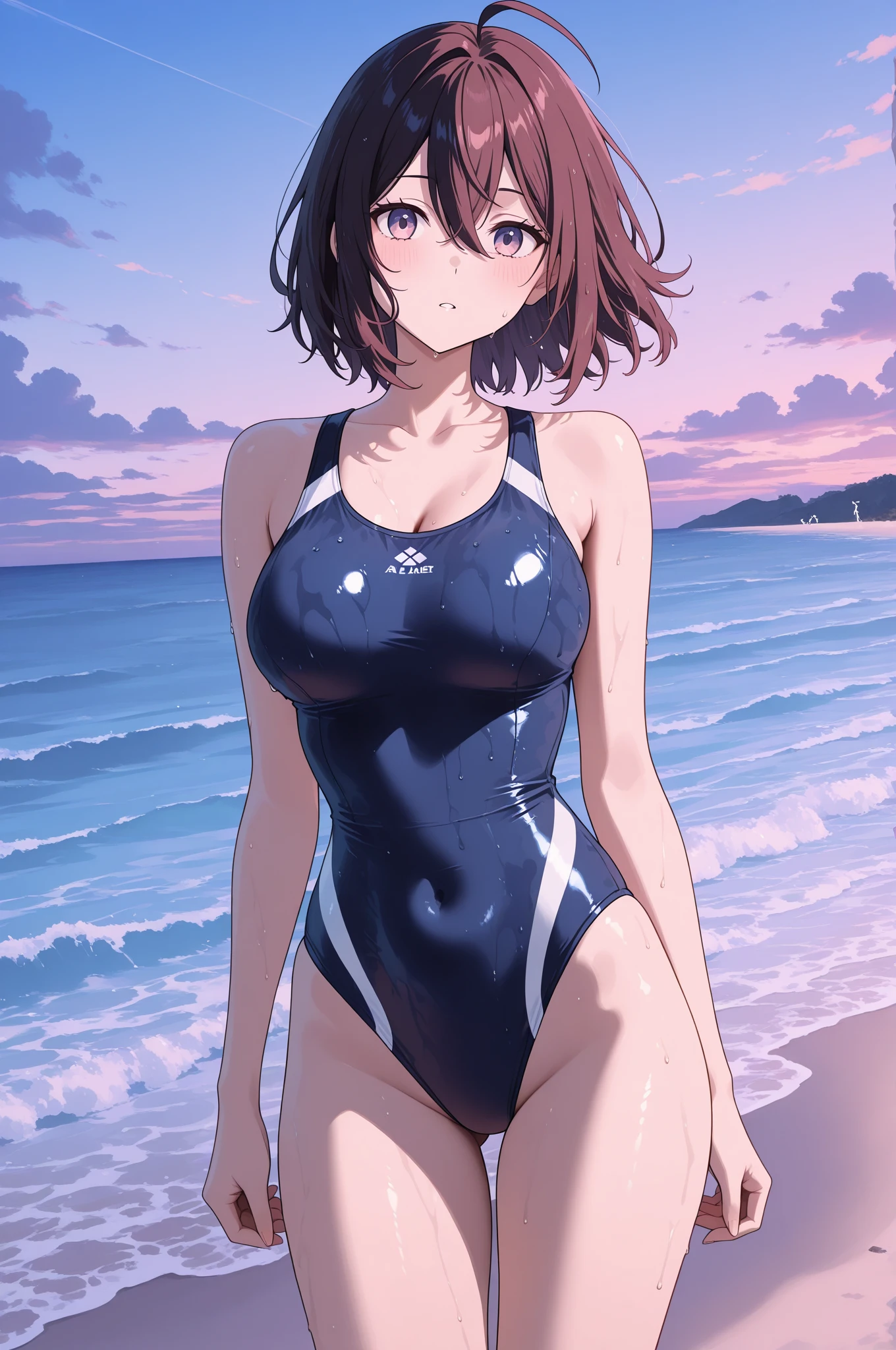 Anime illustration、highest quality、A short and voluptuous gravure idol、Flashy swimsuit、hot pants、Perfect proportions、photo shoot、Sandy Beach、Clear skies、overwhelmingly big breasts、Thick legs、Beautiful, shining eyes、Cowboy Shot、smile、Excessive sweating、Noise Reduction