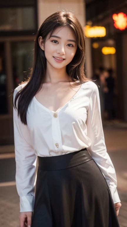 1 female,18-year-old,(numerical portrait:Mayu Yokota, Yuko Araki),black eye,beautiful face,(thin skeletal surface+delicate features、),非常にdetailed face,(delicate Japanese makeup), black eyelash curls for long hair,(messy and layered, by bangs), smile,Please look into the camera,fair and smooth skin,(optimal skin type:1.21),(clavicle:1.2),slim fit suits for women,V neck white short shirt,(deep v neck,big breasts),short hip wrap skirt,(realistic close-up photo of woman),thin waist、long legs,(slim body shape),street,((Hasselblad Photos)),surreal pictures, Physically based rendering,professional lighting,exquisite details,detailed face,the picture is pure,perfect hands,perfect posture,ultra fine makeup,ultra-fine clothing material、live action、smile and stand up straight