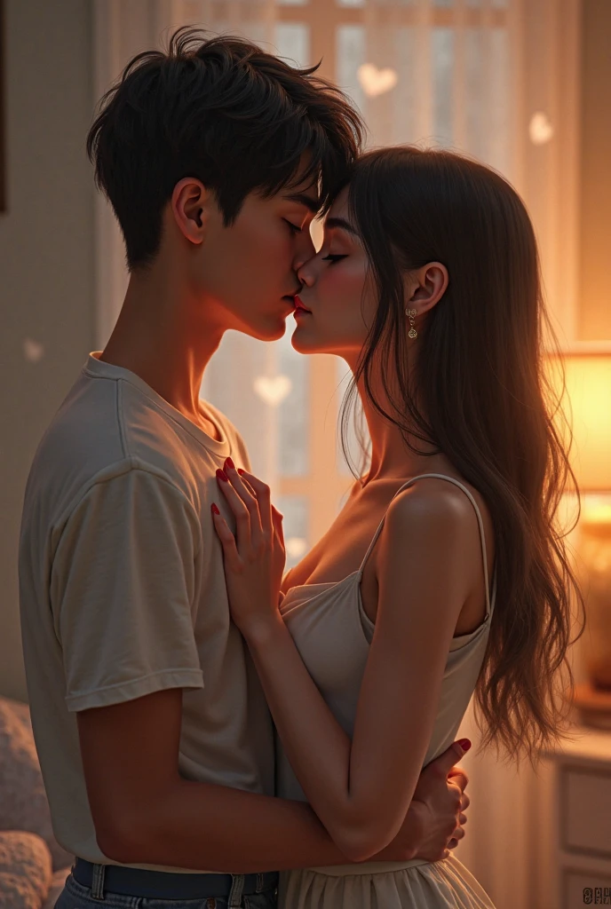 Sexy woman being kissed on the neck by a young boy