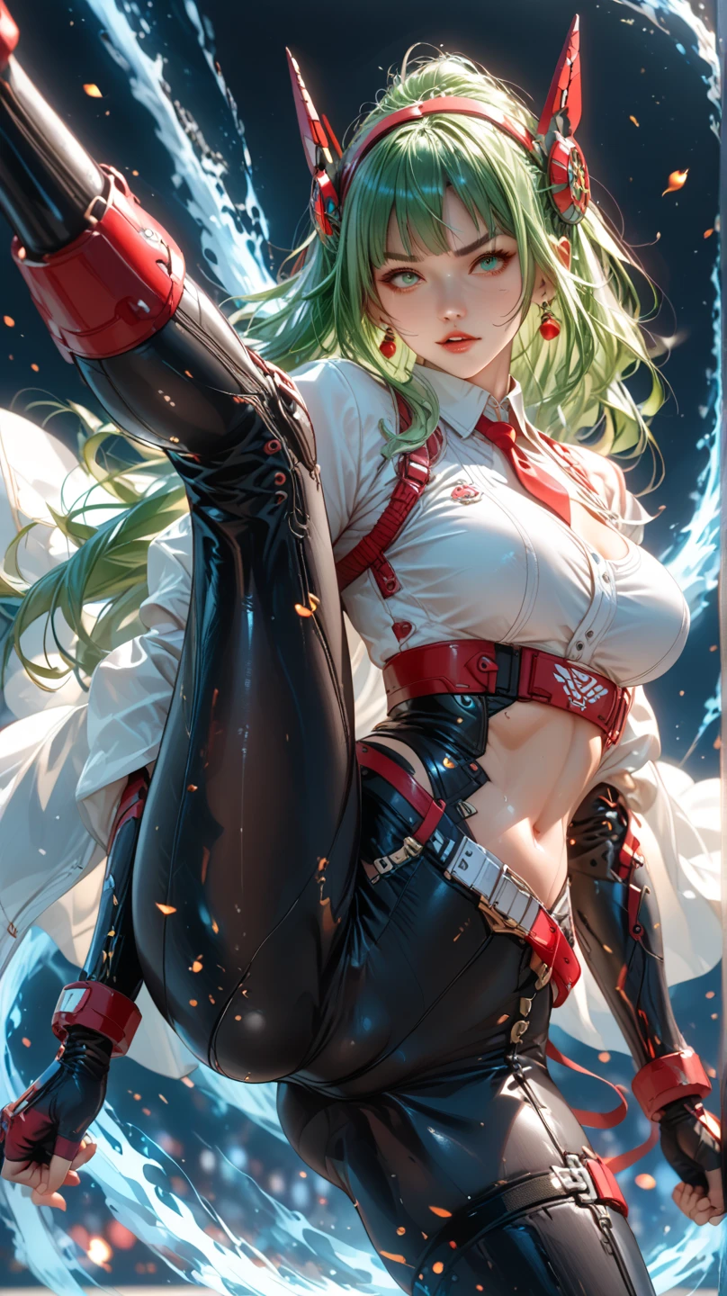 1girl, solo, long hair, white hair, ponytail, bun, red eyes, green bra, large breasts, cleavage, opened green jacket, brown boots, grin, looking at the viewer, full body, mini skirt