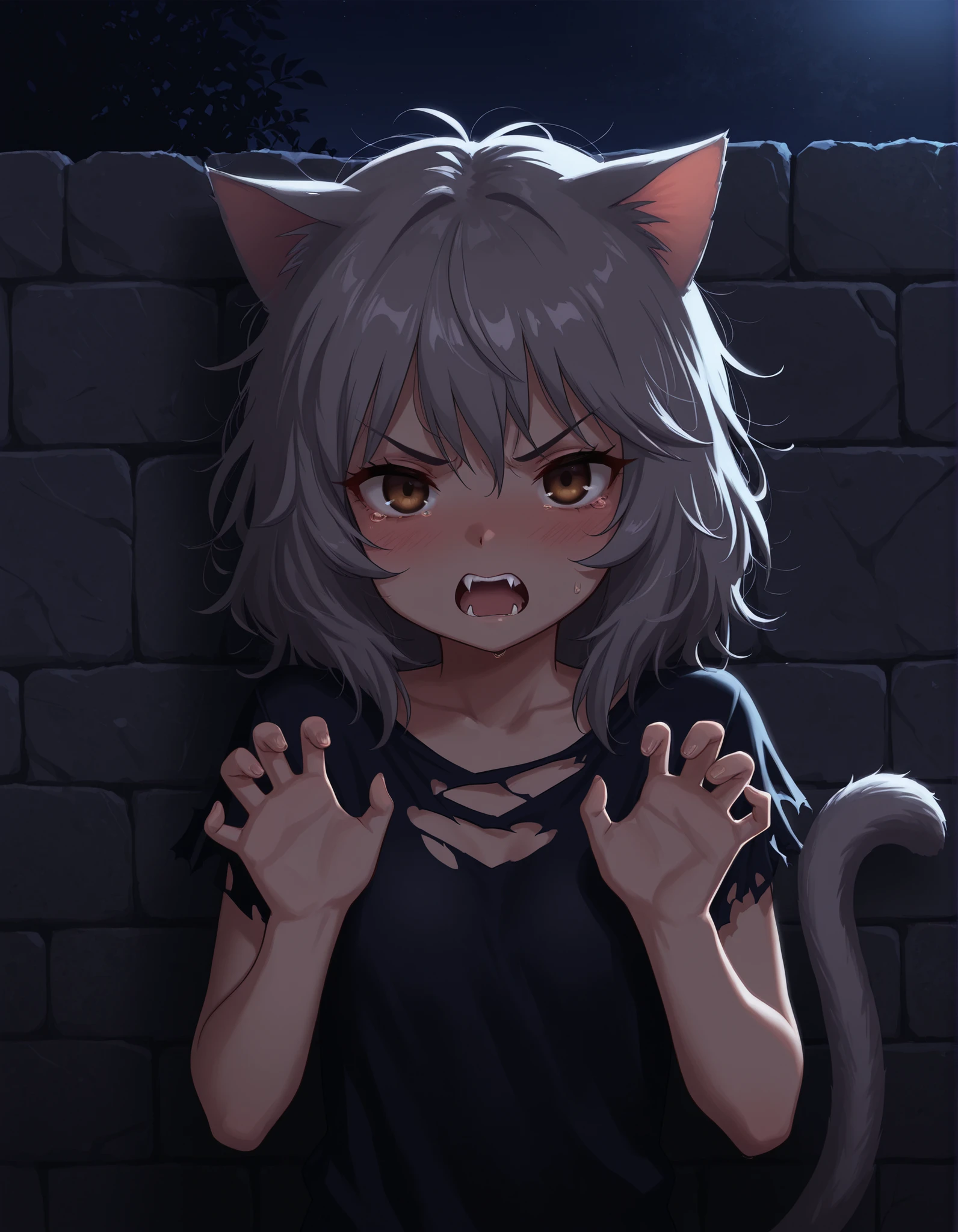 ostyle,, 1girl, petite, (skinny and frail:0.7), cat girl, against wall, stone wall, brown eyes,looking at viewer, grey hair, medium hair, messy hair, angry, (scared:0.4), (open mouth:0.5), fangs, hands up, (tearing up:0.5), tail raised, torn clothes, straight-on, dark, night, outdoors, masterpiece,best quality, amazing quality,