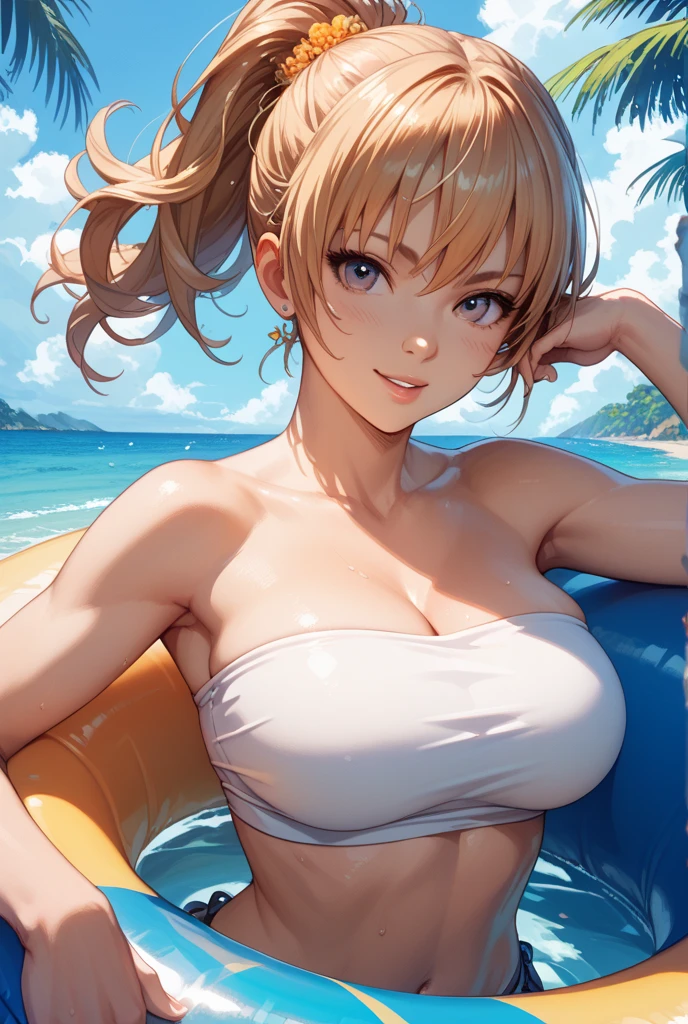 Highest quality, masterpiece, Ultra-high resolution, (Realistic:1.4), Beautiful woman, Open your mouth, In a black bikini, Cleavage, ((Firm and shapely C cup breasts)), Curvy waist, Slim Abs, Shiny skin, 魅惑的なsmile, Bokeh, smile, ((blonde color short hair)), ((ponytail)), ((Arms behind your back)), (((Beautiful breasts))), ((Hawaii Beaches)),