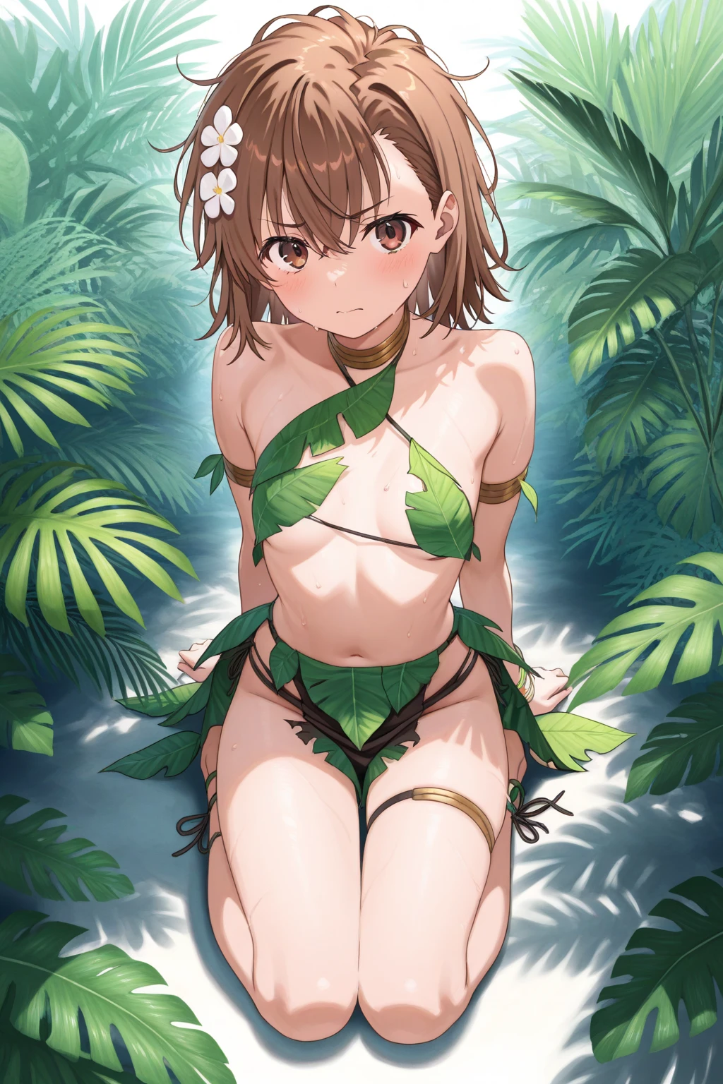 (masterpiece), best quality, expressive eyes, perfect face, 1girl, solo, tomboy, mature female, big breasts, short hair, Cleavage, orange hair BREAK hair buns, double buns, blue eyes BREAK leaf bikini, :/, glaring, arms up, arms behind head, standing, mountains, rocky landscape, rocks, wasteland
