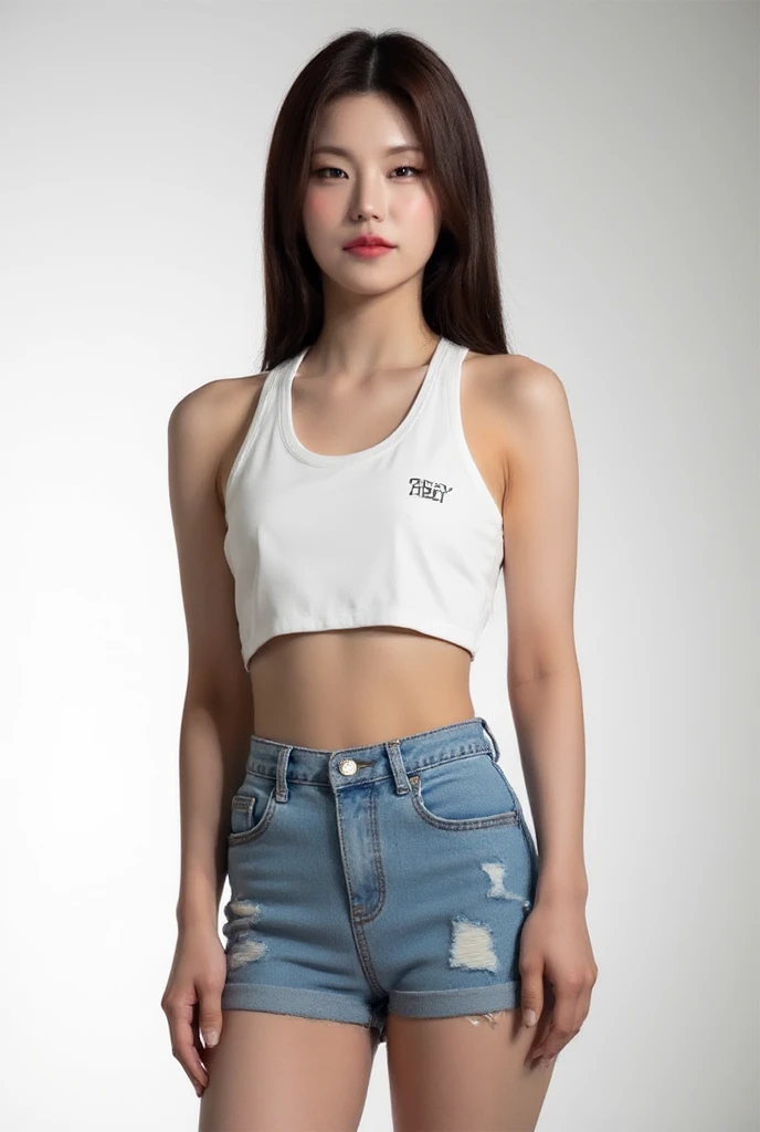 Lena Meyer-Landrut wearing low-cut polo shirt and ripped shorts and lipstick and smiling