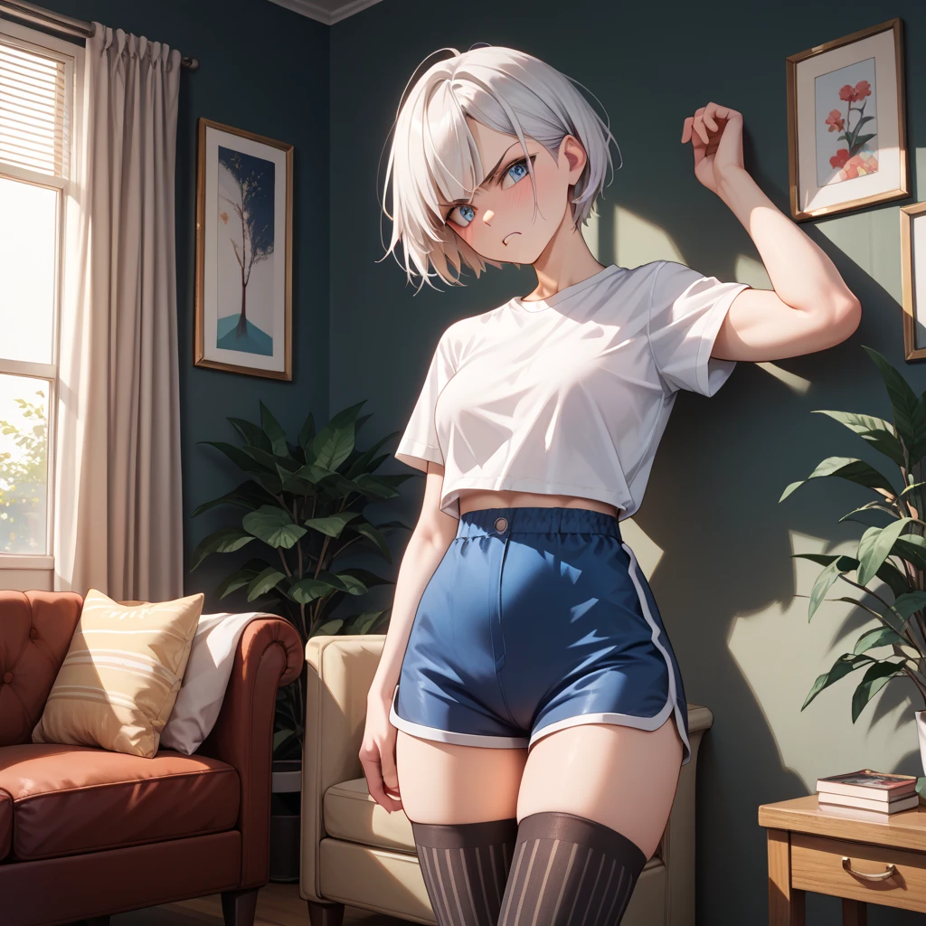 ((best quality)), ((masterpiece)), (detailed), grey haired with purple eyes boy. Wearing a large white shirt and black extra short shorts and smooth thighs. A boy. The viewpoint's lewd from the bottom. Laying on the couch, knees spreaded. Slightly blushing. 