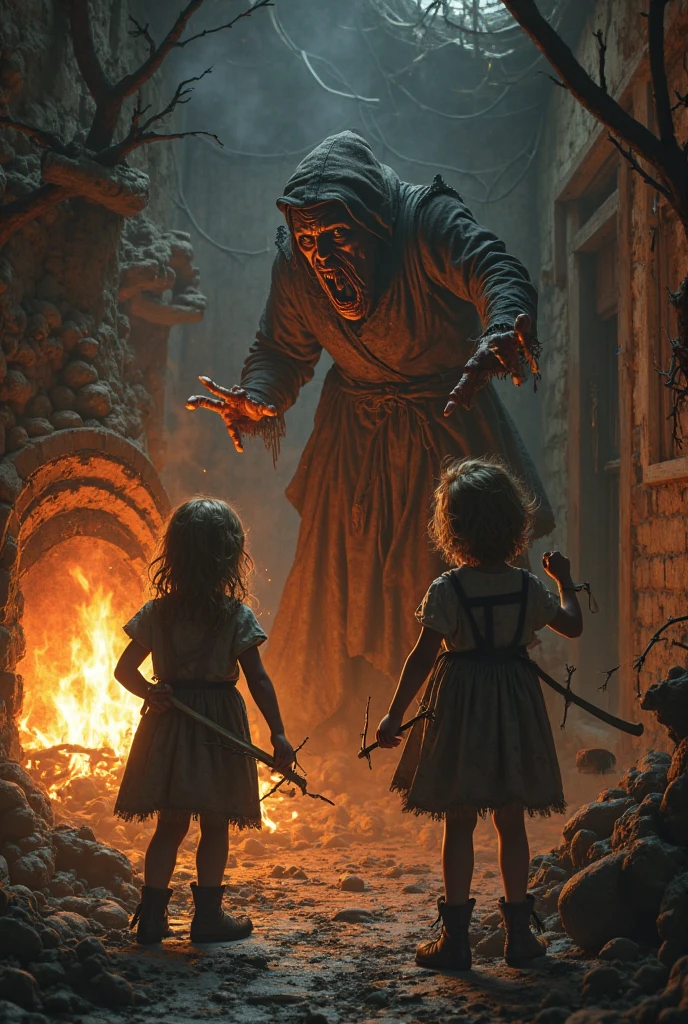 Inside the gingerbread house, the witch looms over Hansel and Gretel, her eyes gleaming with malevolence. She has a cruel, twisted smile, and her long, bony fingers are wrapped around a wooden spoon. The children cower in fear, knowing they are in grave danger. The room is dimly lit, with shadows accentuating the witch’s sinister presence