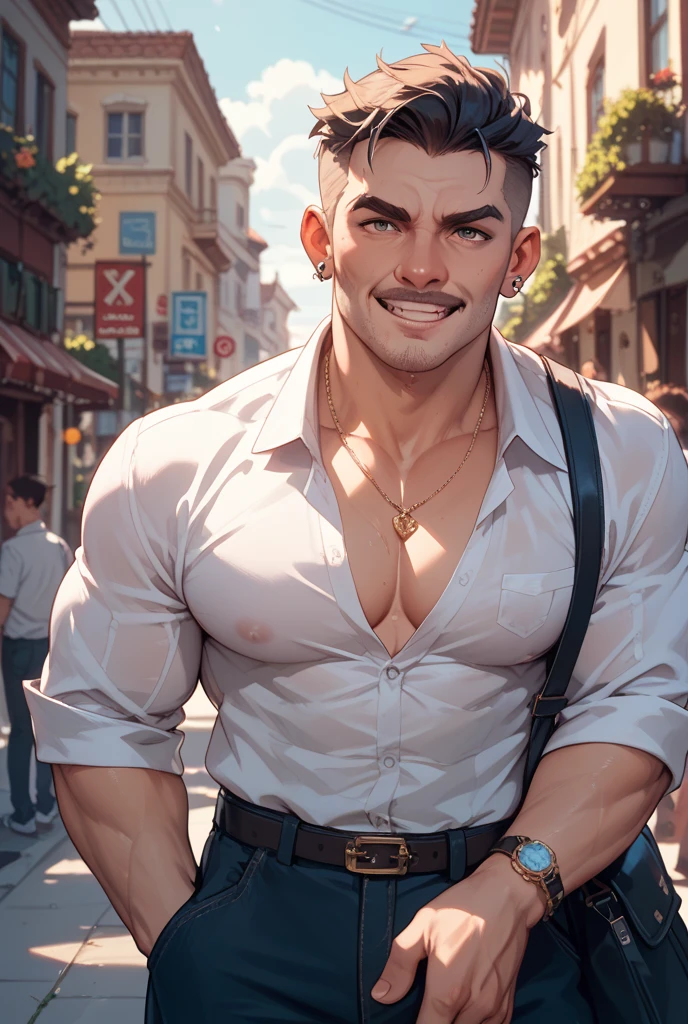 (((intricate design))) (((Top quality))) (((16K))) (((High Definition))) 16K splash art, high res, ultra sharp, ((masterpiece)), best quality, expressive eyes, perfect face, Super eyes, perfectly detailed anatomy, large pecs, (((Volumetric lighting))) (((cinematic light))) (((1male))) (((muscular))) (((Bodybuilder))) big body, cute man, cat ear headphones, face scar, gay, homosexual, cute pastel crop top, pastel shorty short ripped jeans, sneakers, lolly pop in this mouth, rainbow, pastel aesthetic, walking into a ice cream shop, transparent bag, face freckles, doing the peace sign, smiling, happy,
