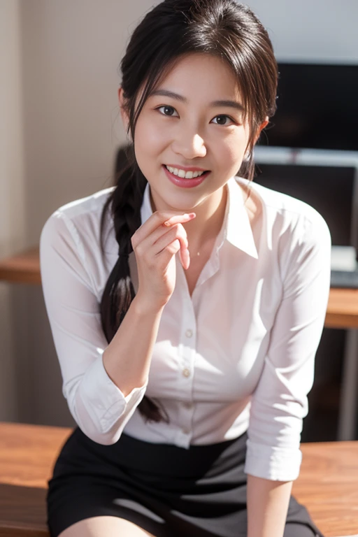 Very detailed 8k wallpaper)、foco nítido、in detail、drama、Delicate and beautiful schoolgirl、17歳、Sheer white shirt、Quite short skirt、ligh brown hair、hair adornments、Sexy、A smile、Peek at the viewer、Beautiful graphics、Bright school building、Full of students、clean legs、squatting down、