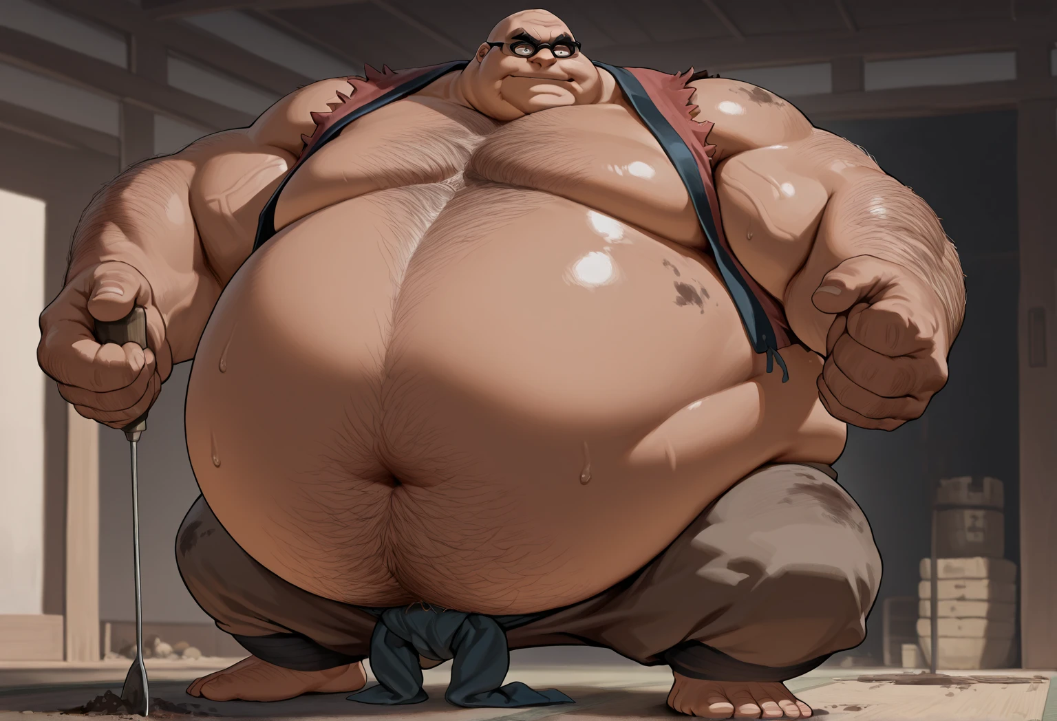 The chubby strong man knelt, mtu，The upper body is naked, (Brace your hands on the ground), tmasterpiece，Raised sexy，The best quality，ultra - detailed，slightly fat big breasts，Strong，Handsome，molasses，Tired，perspired，Balcony setting。