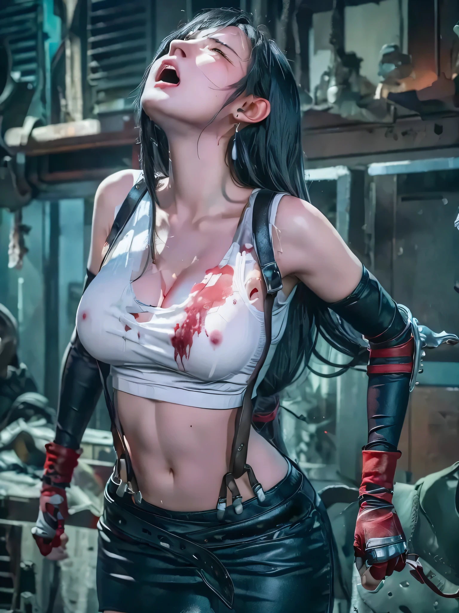 exhausted, wounded vampire/human warrior girl, black hair, big heavy ram horns, heavy goth vampire makeup, using a bra cropped corset, showing her toned abs, micro sexy skirt, navel, deep navel, blood eyes, blood dripping wounds, crossed arms up, armpit, tired after combat expression, wet skin, being held