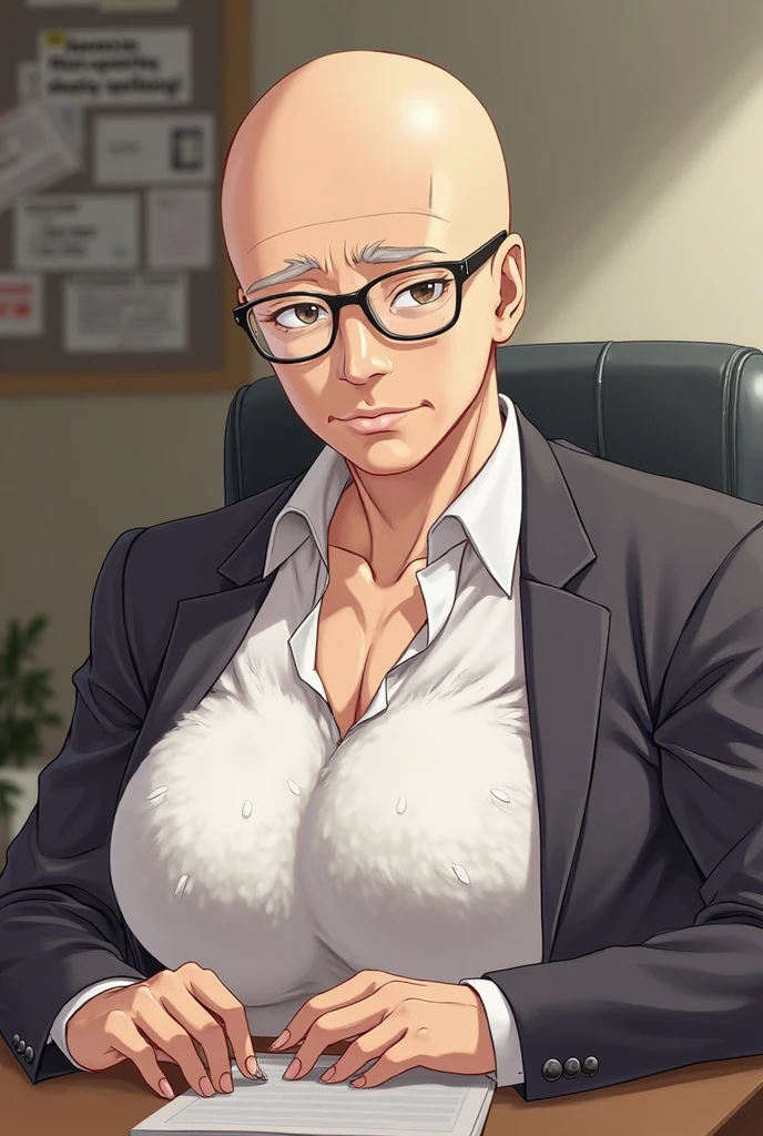 masterpiece, best quality, <lora:zs_Igor:1> igorpersona, pointy ears, grin, gloves, suit, bald, white hair, old, old man, long nose, pointy nose, pupils, male focus, (huge breasts:1.3), leaning forward, office
