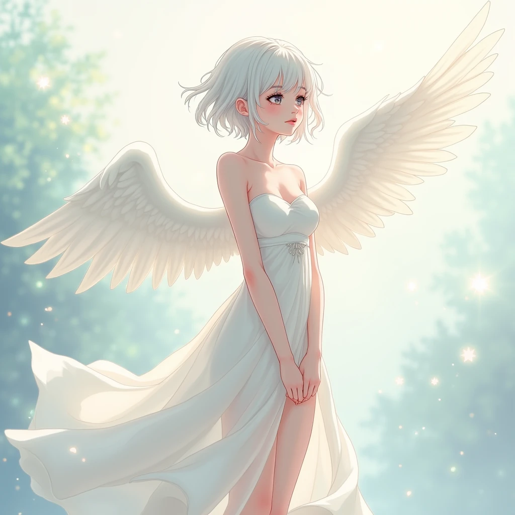 detailed full body portrait,(The girl looks up at the stars), Angelic, Angelic, (the angel's wings), white dresses,Mandy Jürgens (Mandy Jurgens) Realistic paintings created, Perverted, arte figurativa, Detailed depiction of the, realistically, An artwork of, contours, seen from the side, simple backgound,(lamplight:1.0),tmasterpiece,Best quality,