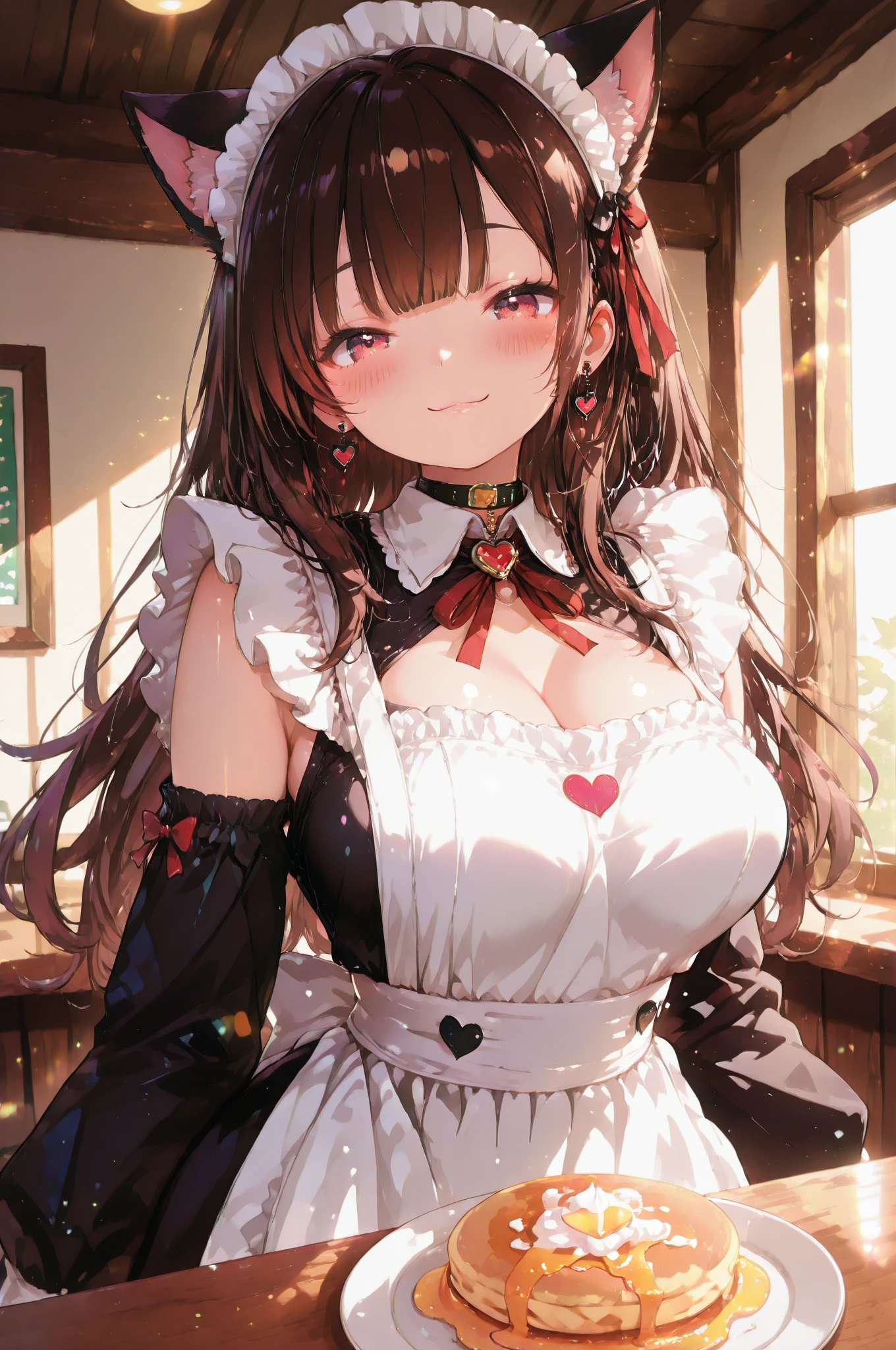 masterpiece, highest quality, High resolution, 1 and later, fujiwara chika, Maid dress, chest, Red ribbon, Blunt bangs, large chest, Cowboy Shot, smile, indoor, Sexy pose, chestを出して, Maid, meidofuku, black Maid dress, about, Maid about, mini skirt, Garter Straps, stockings, Hands Behind Back,