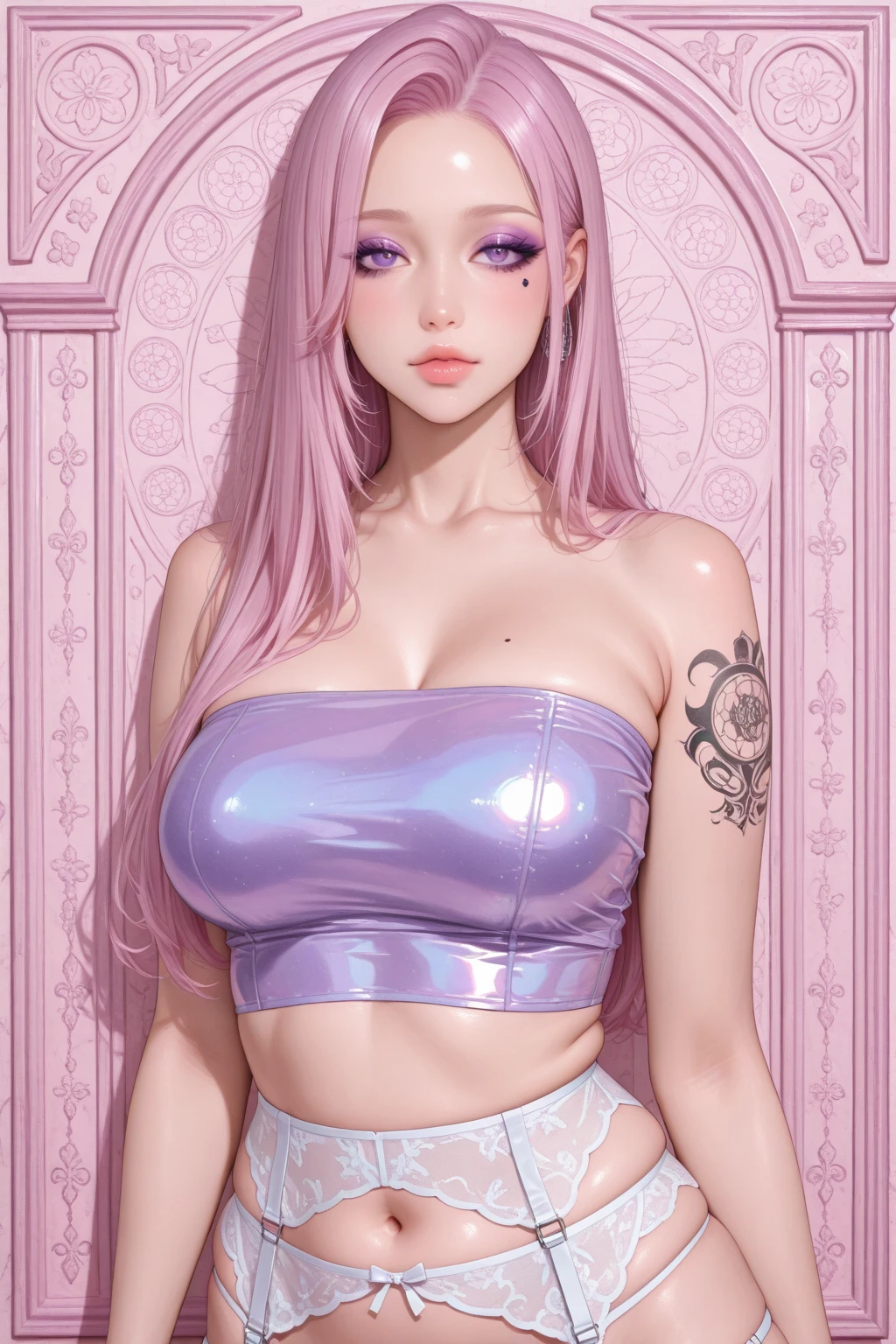 Best Quality, Masterpiece, Portrait, Perfect Anatomy, Femininity, Cool, Flawless, One Woman, Solo, Sexy, Stylish, Mature, Purple Eyes, Long Light Pink Hair, Big Breasts, Red Lipstick, Big Breasts, In a Sexy Sheer Top, portrait
