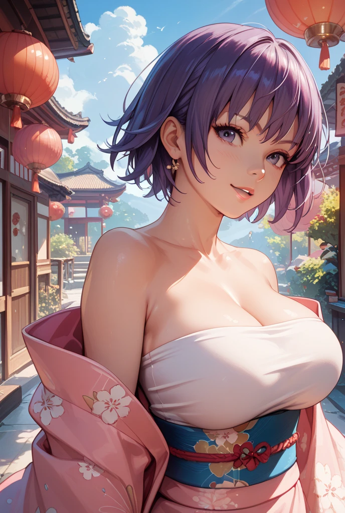 (masutepiece, of the highest quality, Best Quality, Official art, Beautiful and aesthetic:1.2),  Extremely detailed,(Colorful:1.1),highest details, one arafed woman with purple hair and green eyes, big breasts, japanese tattoo, kimono, sfw, paridise island, night, blue moon