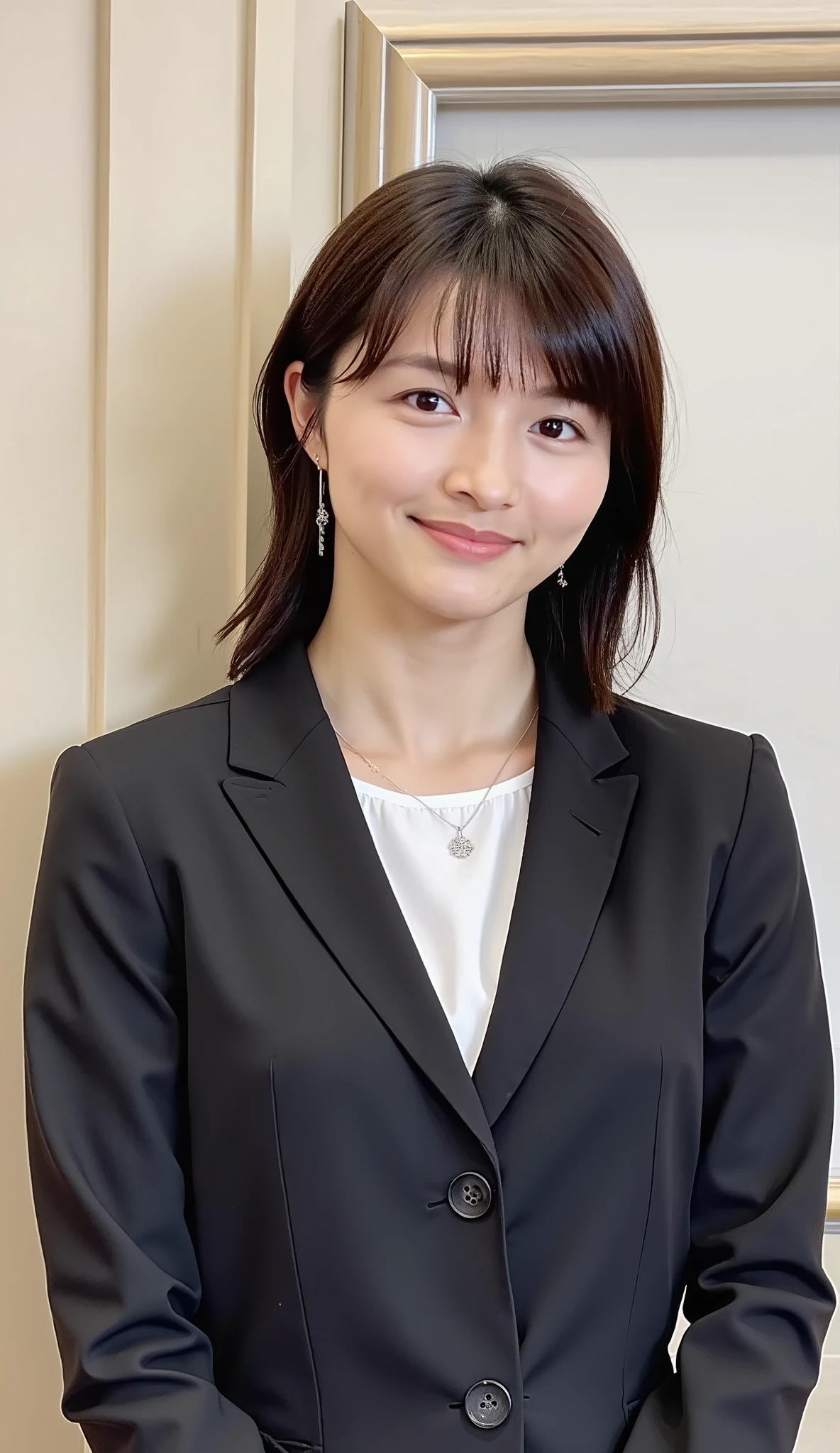 Neat Young Woman、and look at the camera、office lady suit、jacket、shirt、ネックレス、、ear piercing、漆黒の髪、、smile showing teeth、背景はオフィス