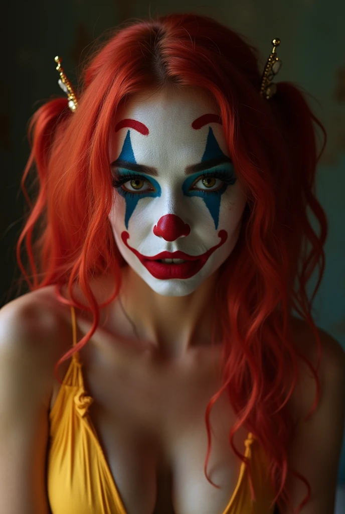 RAW photo, portrait, 1girl, amazing body, classic clown costume, red nose, blue wig, complex room background <lora:ClownFashion2:0.5> ClownFashion, 8k uhd, dslr, soft lighting, high quality, film grain, Fujifilm XT3, (intricate details:0.9), (hdr, hyperdetailed:1.2)